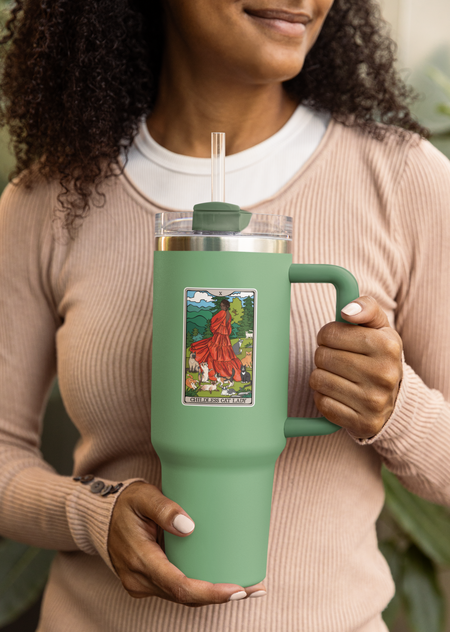 3.5" Childless Cat Lady Tarot Card Sticker - Waterproof, Fade-Resistant Decal Stickers Child-Free Woman and Cats Design