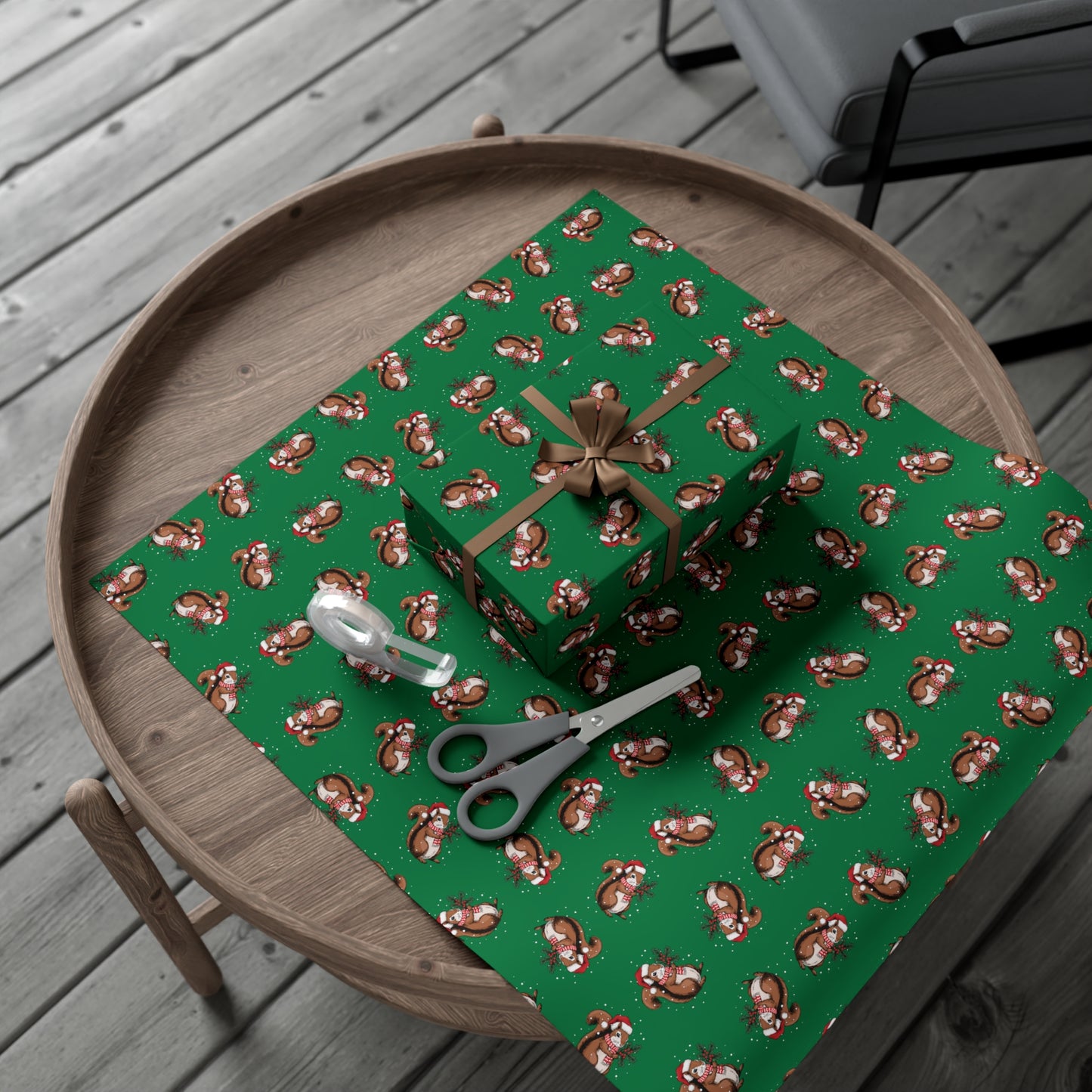 Squirrel Christmas Wrapping Paper, Festive Squirrels Print, Cheery Green Holiday Gift Wrap With Snowy Xmas Squirrel In Santa Hat