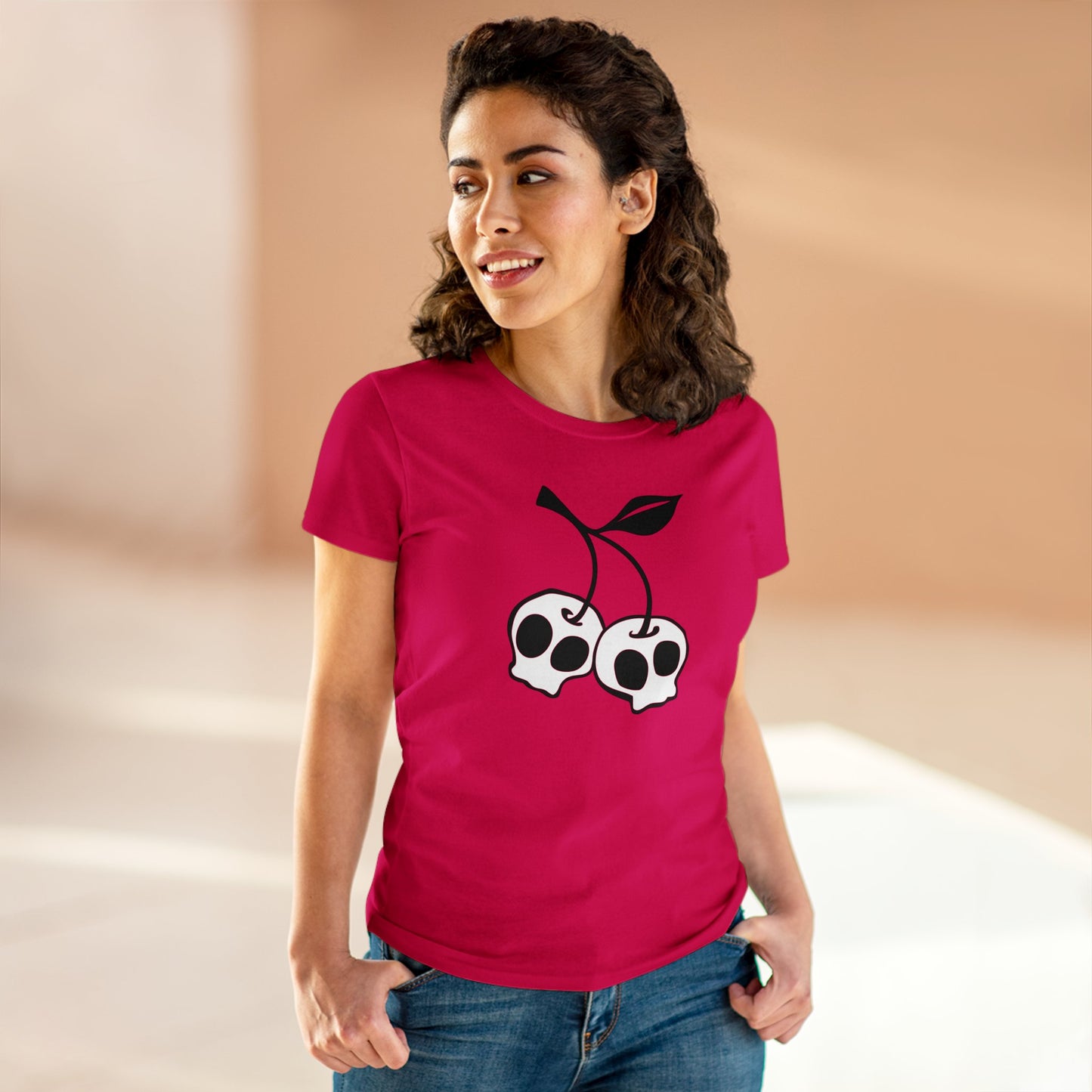 Cherry Skull Ladies Fitted T-shirt Women's Midweight Cotton Tee with Skull Cherries Print