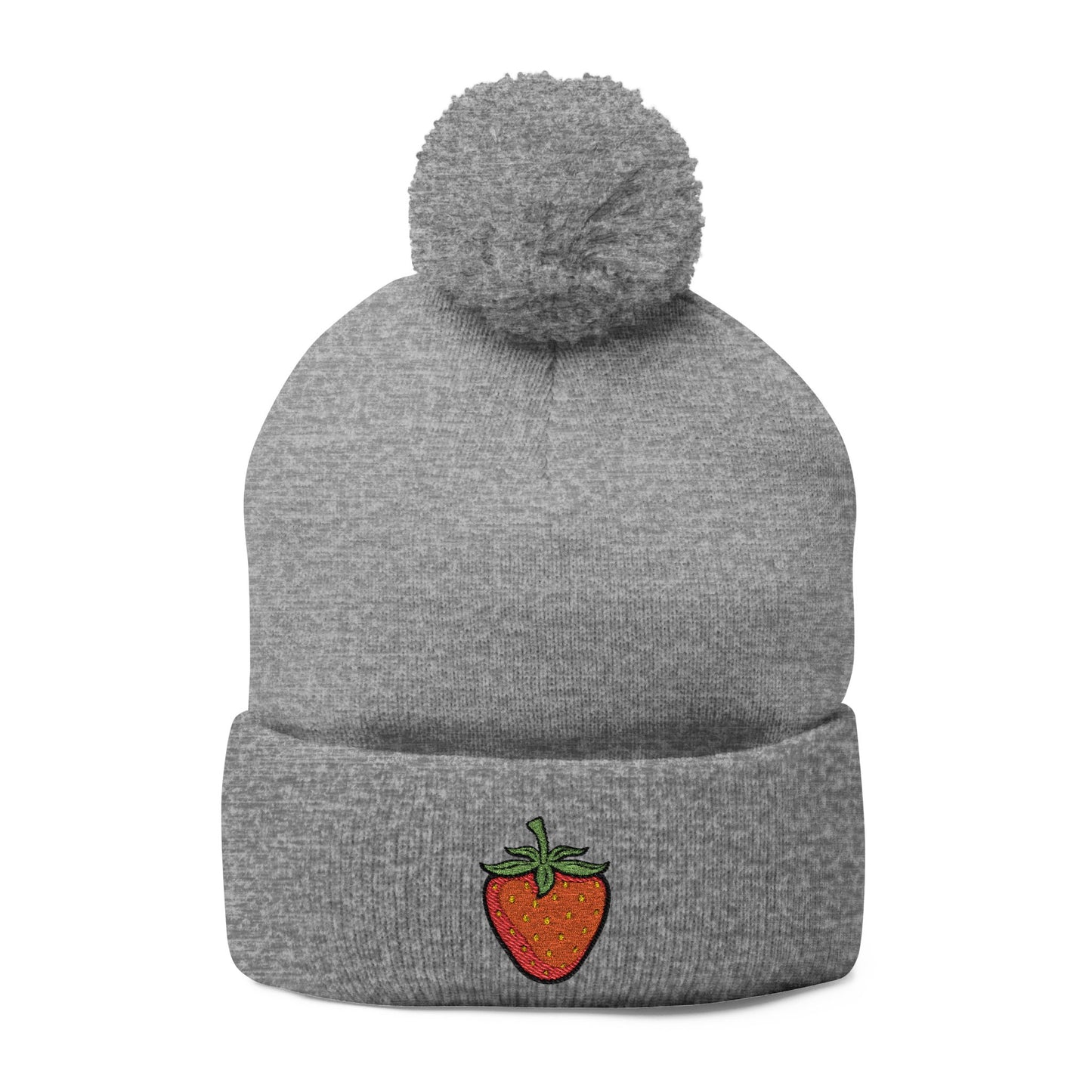 Strawberry Embroidered Pom-Pom Knit Beanie Cap | Berries Winter Cuffed Beanies with Fruit Embroidery