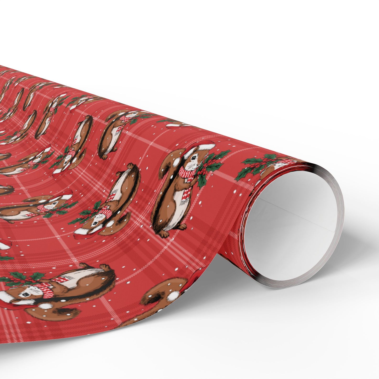 Christmas Squirrel Wrapping Paper, Red Plaid Glossy Holiday Gift Wrap Roll, Xmas Squirrels Festive Winter Gifts Supplies