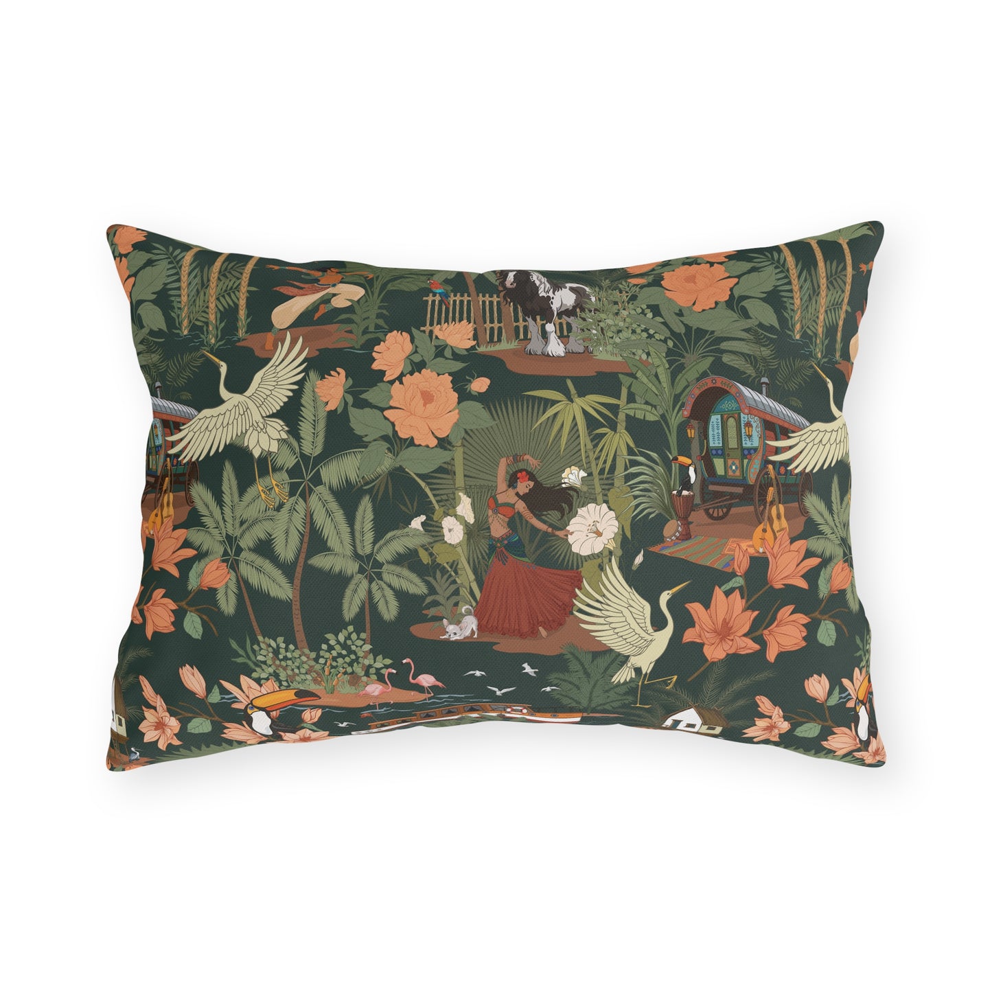 Tropical Nomad Jungle Scene Outdoor Pillows | Vintage Bird Boat Floral Pattern Patio Deck Throw Pillow