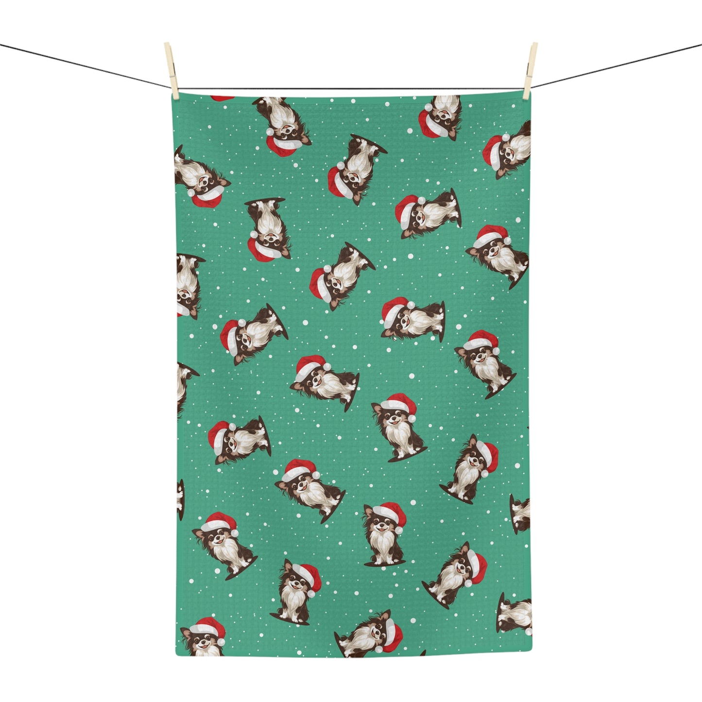 Long Haired Chihuahua Dog Christmas Kitchen Hand Towel Microfiber Green Holiday Tea Towel with Dogs in Santa Hat Pattern