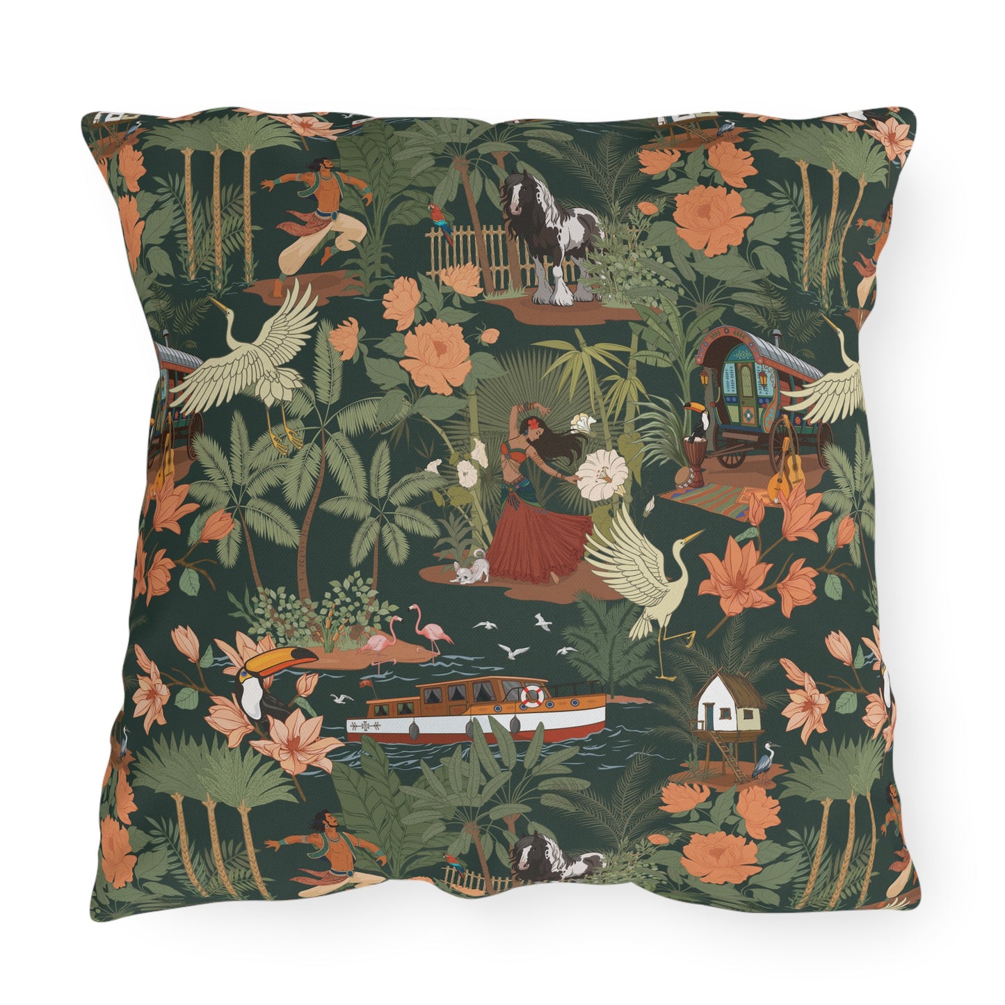 Tropical Nomad Jungle Scene Outdoor Pillows | Vintage Bird Boat Floral Pattern Patio Deck Throw Pillow