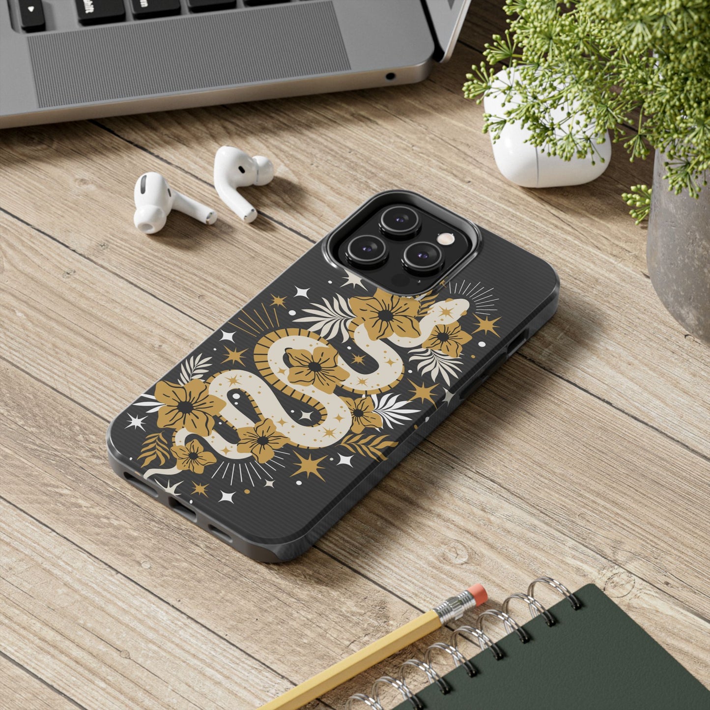 Mystic Snake Cell Phone Case, Black Tough Cases, Protective Floral Golden Serpent Boho Design