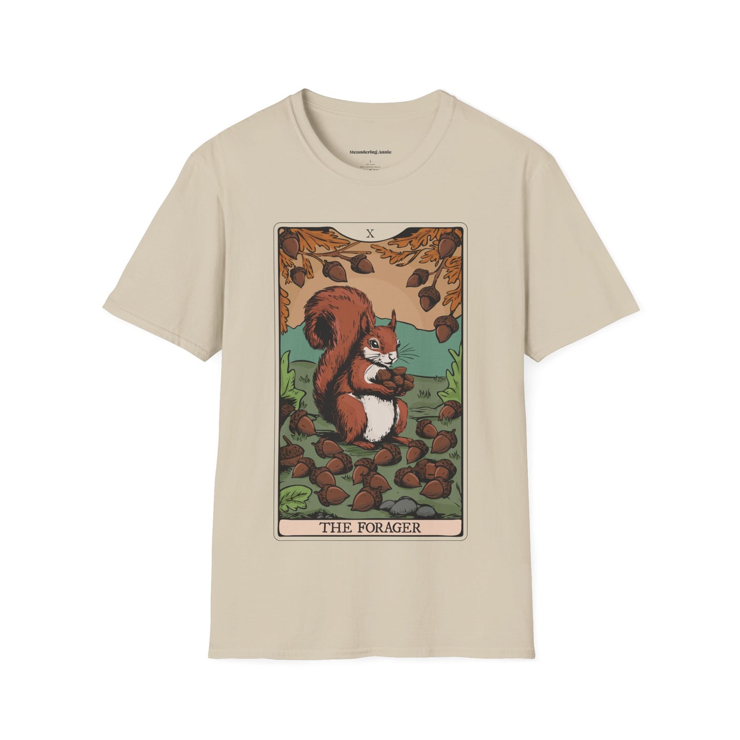 The Forager Squirrel Tarot Card T-shirt Softstyle Graphic Tee with Nut Foraging Squirrels Tarot Card Print