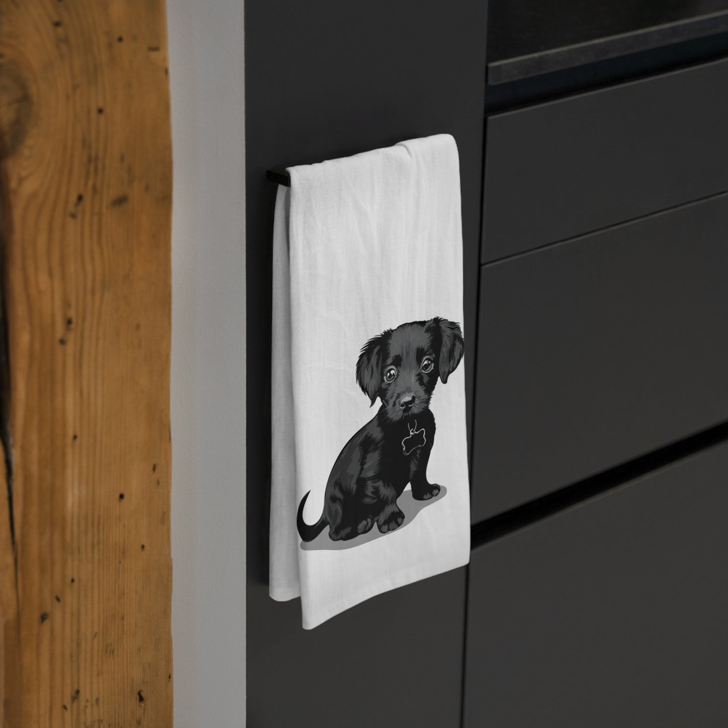 Black Chiweenie Mix Puppy Dog Kitchen Tea Towel, Pet Owner Gift, Hand Dish Towels Home Decor
