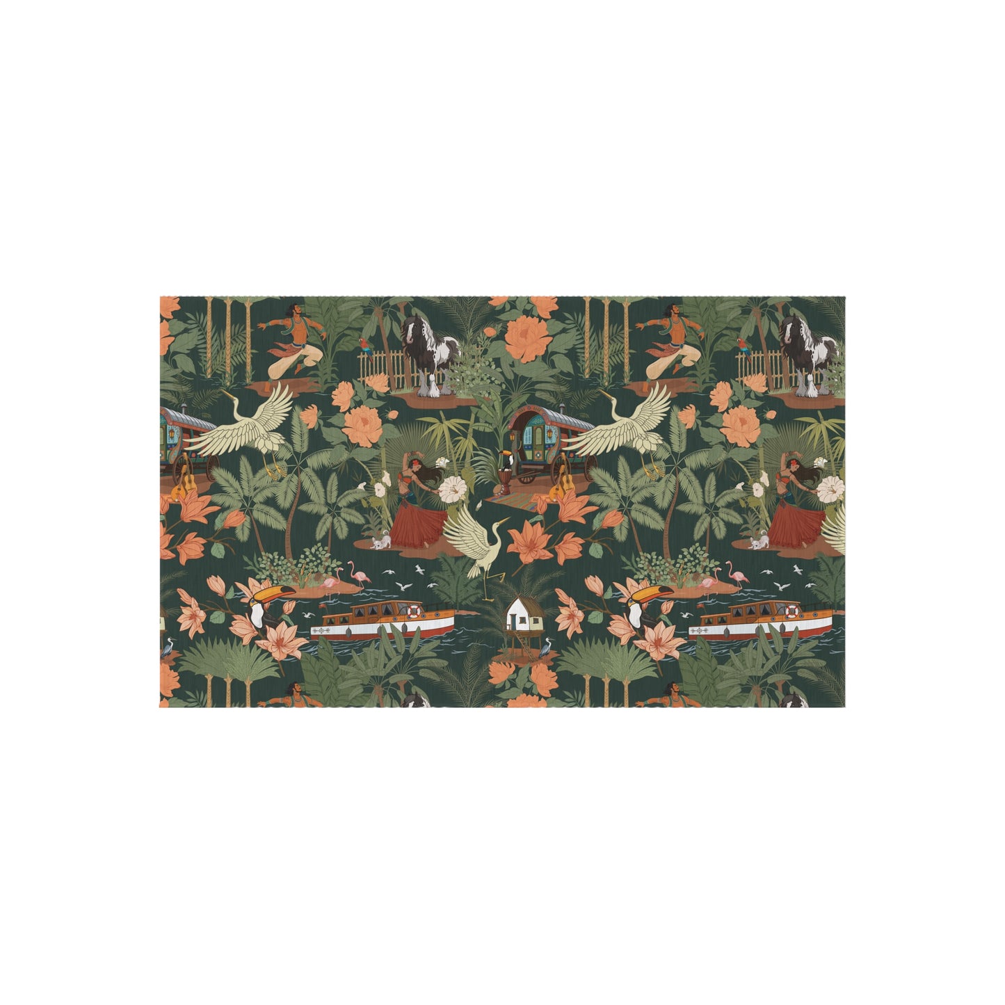 Tropical Nomad Jungle Pattern Outdoor Rug | Botanical Palms & Birds Pattern Patio Deck Rugs