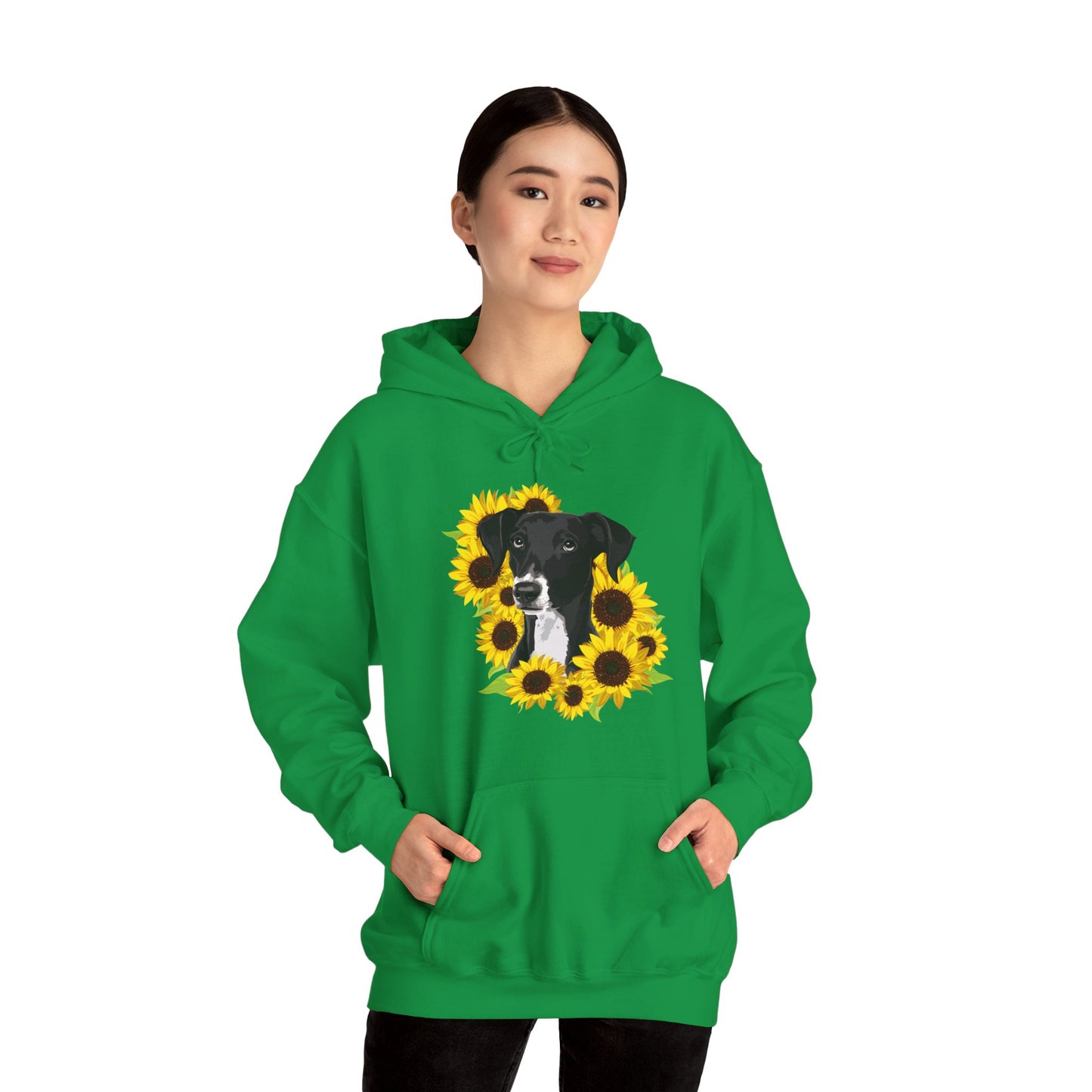 Marley Dog in Sunflowers Pullover Hoodie Hooded Sweatshirt with Black Lab Dog with Sunflower Art Print