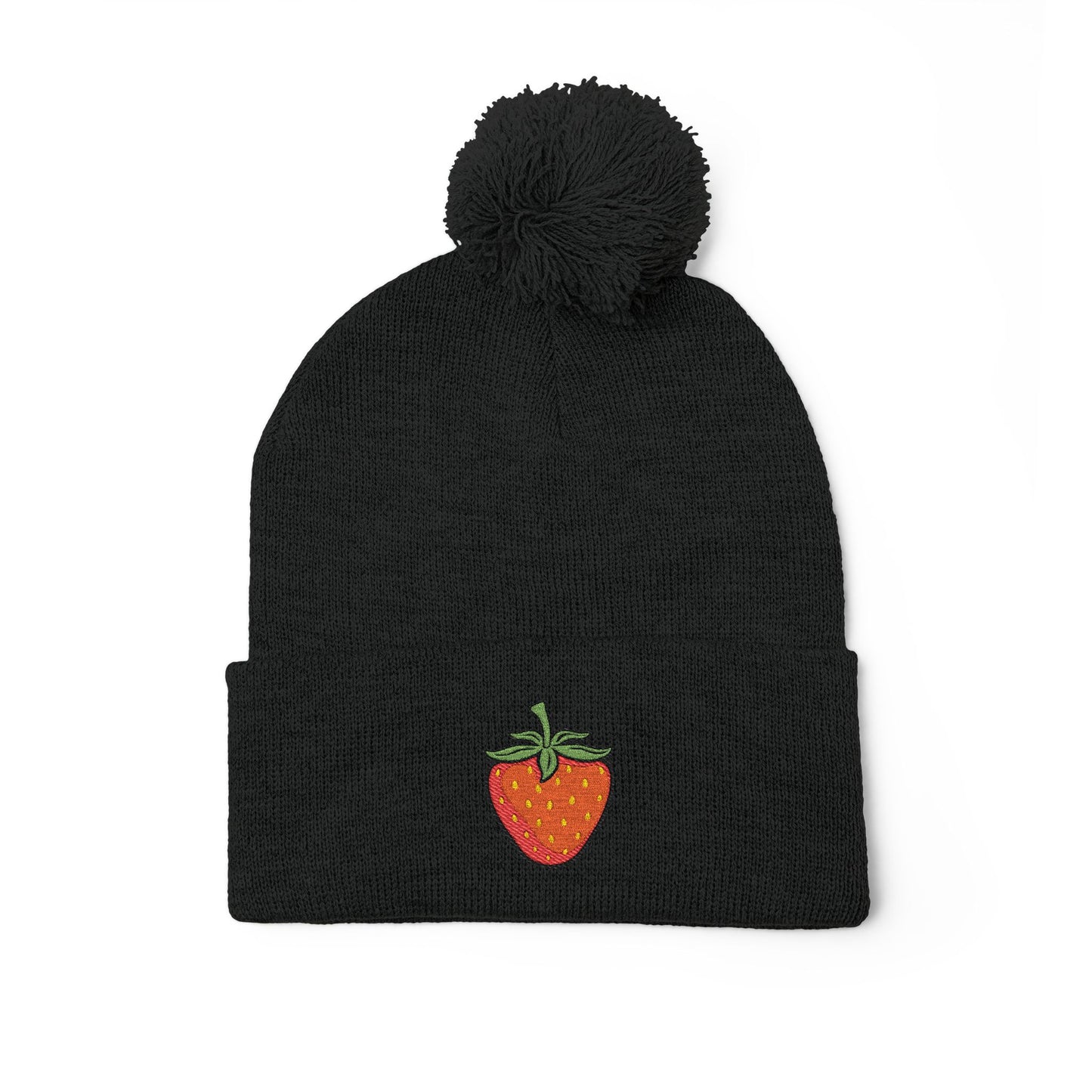 Strawberry Embroidered Pom-Pom Knit Beanie Cap | Berries Winter Cuffed Beanies with Fruit Embroidery
