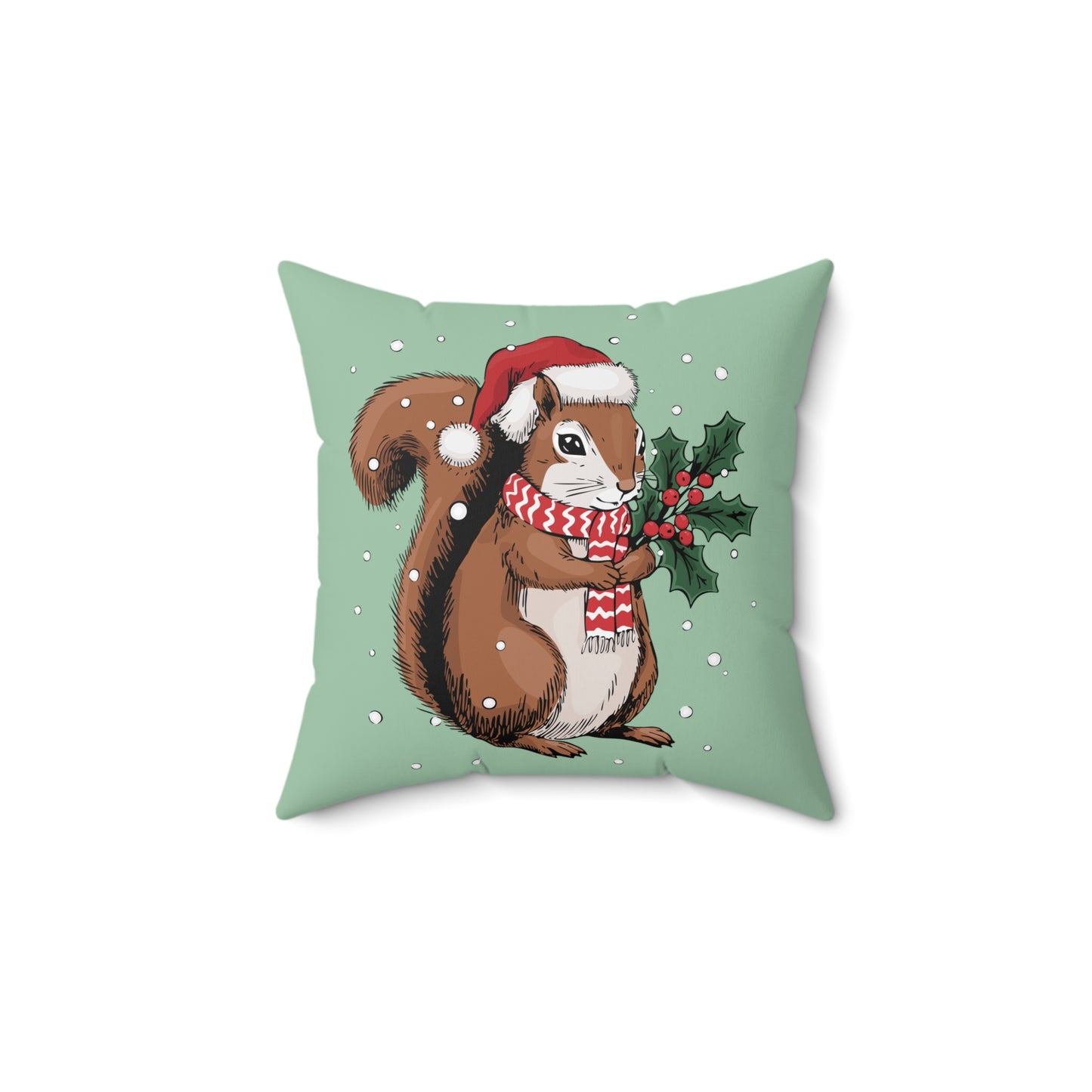 Christmas Squirrel  14"x14" Throw Pillow & Cover - Spun Polyester Square Pillow With Festive Holiday Xmas Squirrels In Santa Hat Print