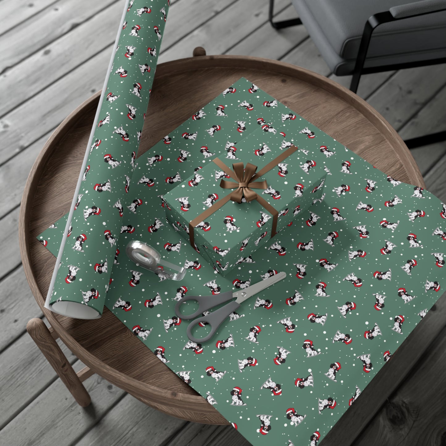 Cavalier King Charles Spaniel Dog Christmas Wrapping Paper, Dogs Print, Cheery Holiday Gift Wrap With Snowy Xmas Puppy In Santa Hat