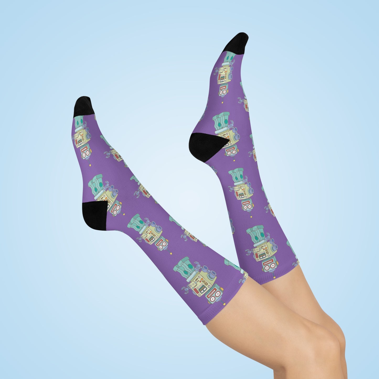 Robot Purple Cushioned Crew Socks with Robot Design Mens Womens Socks