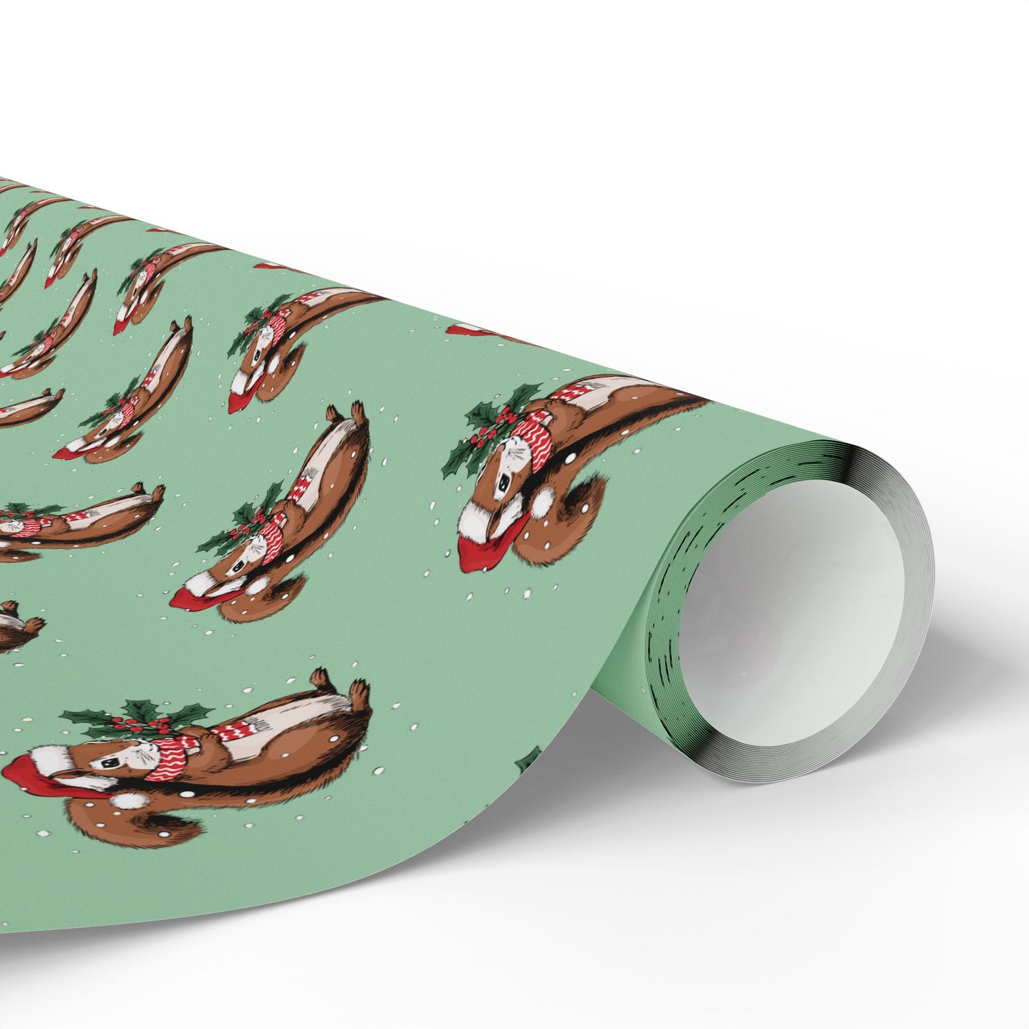 Squirrel Christmas Wrapping Paper, Festive Squirrels Print, Cheery Sage Green Holiday Gift Wrap With Snowy Xmas Squirrel In Santa Hat