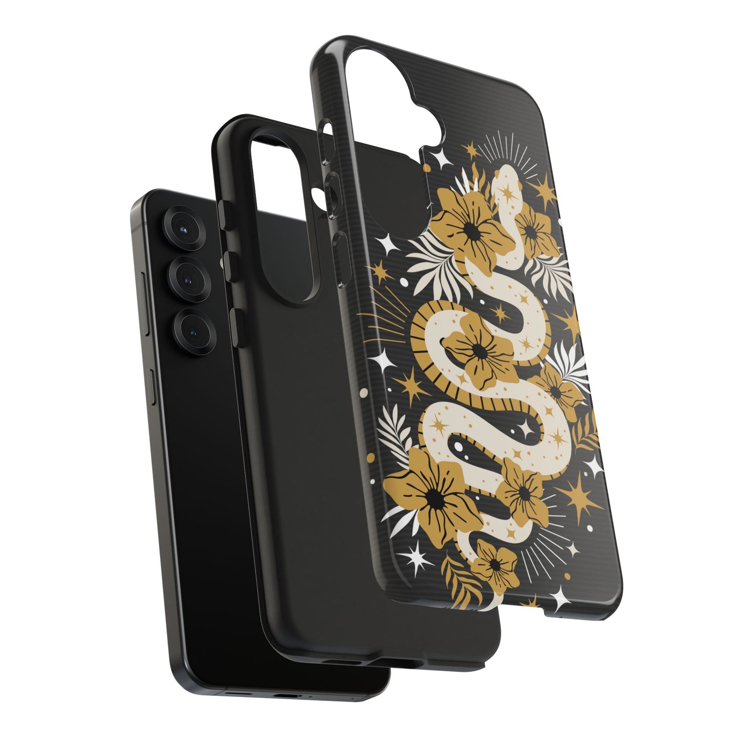 Mystic Snake Cell Phone Case, Black Tough Cases, Protective Floral Golden Serpent Boho Design