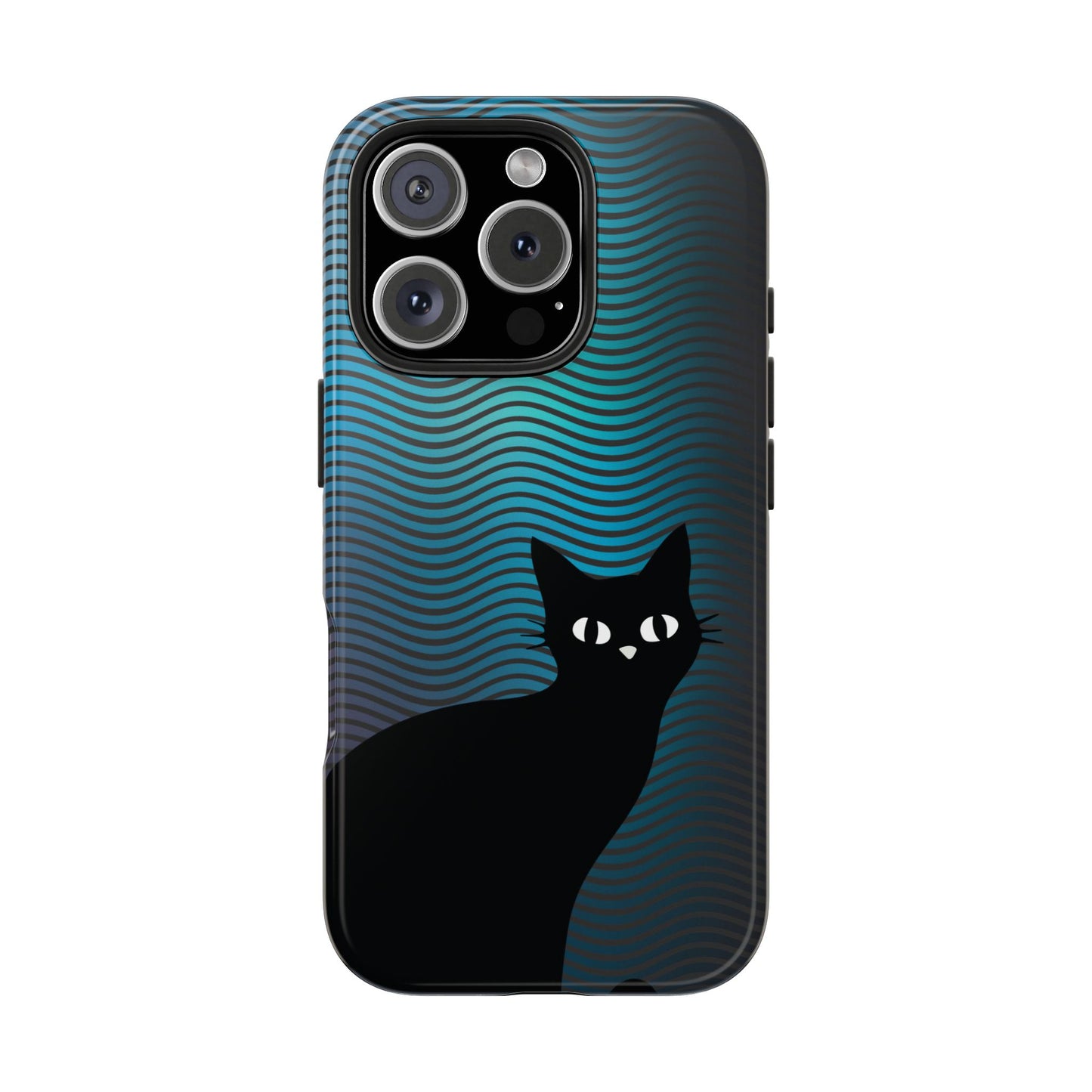 Black Cat Cell Phone Case | Peeking Kitty Graphic on Wavy Teal Background