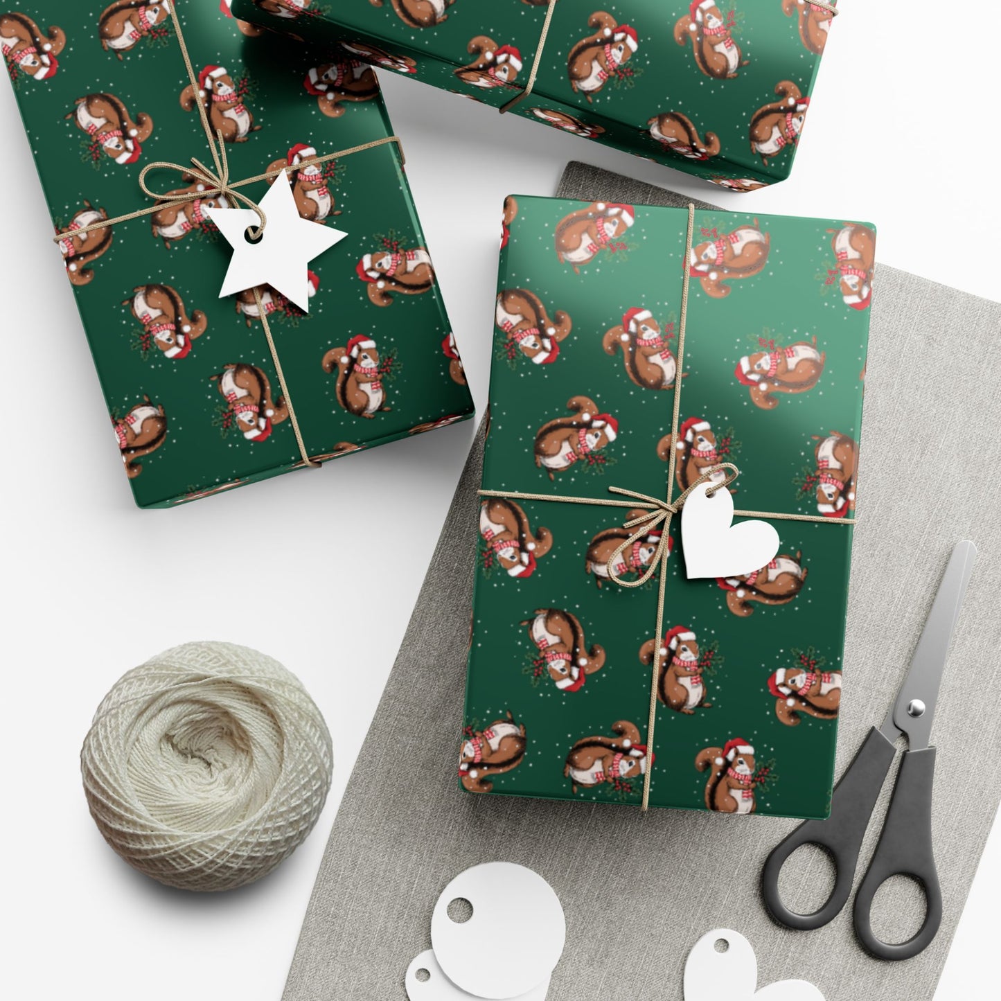 Squirrel Christmas Wrapping Paper, Festive Snowy Santa Squirrels Holidays Print, Sage Green Gift Wrap Xmas, Holidays Gifting Supplies