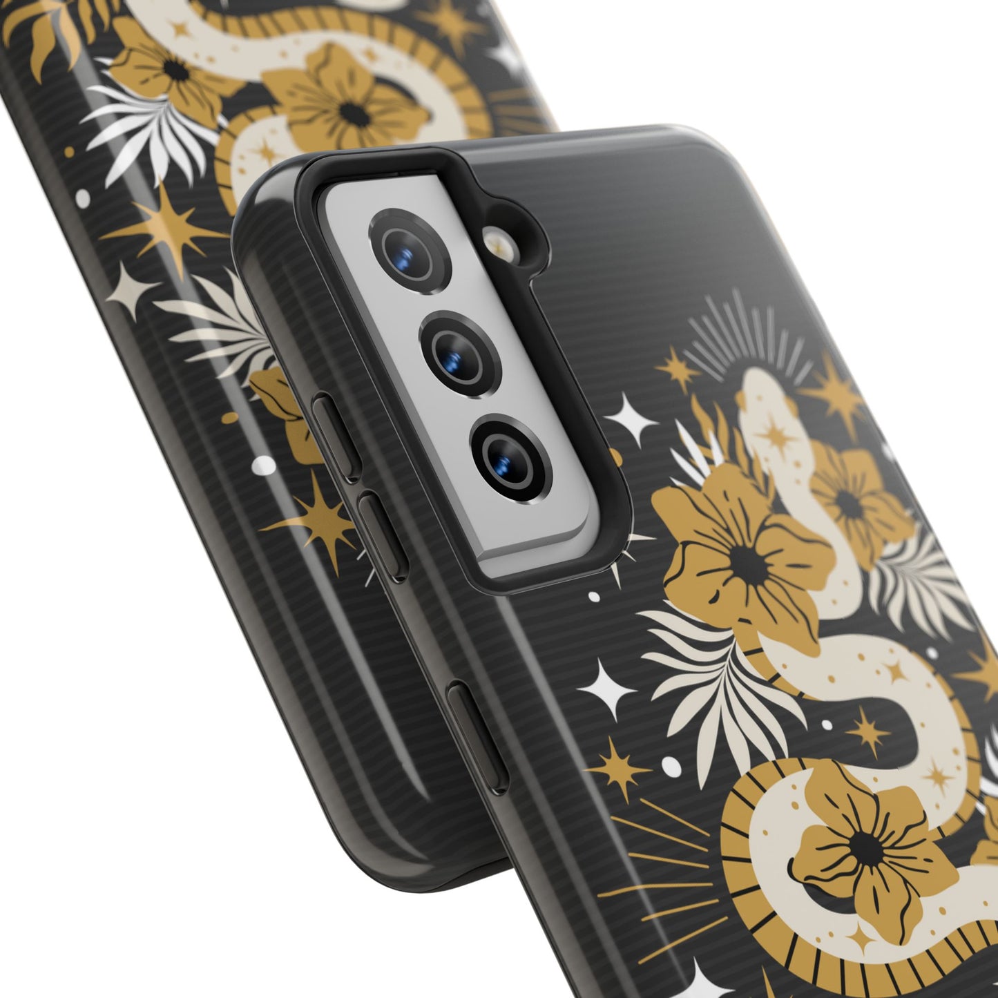 Mystic Snake Cell Phone Case, Black Tough Cases, Protective Floral Golden Serpent Boho Design