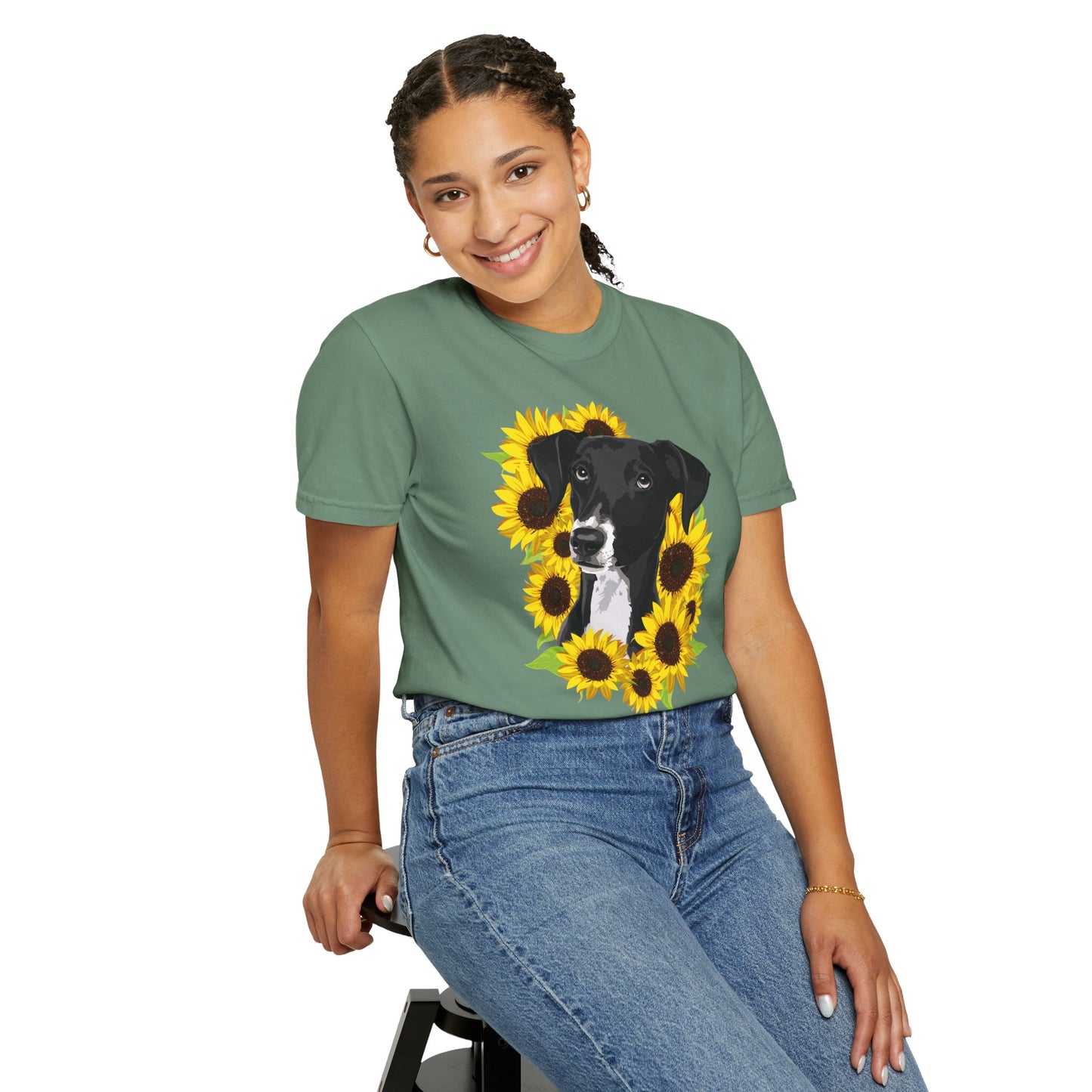 Marley Dog in Sunflowers Garment-Dyed T-shirt with Black Lab and Sunflower Art Print