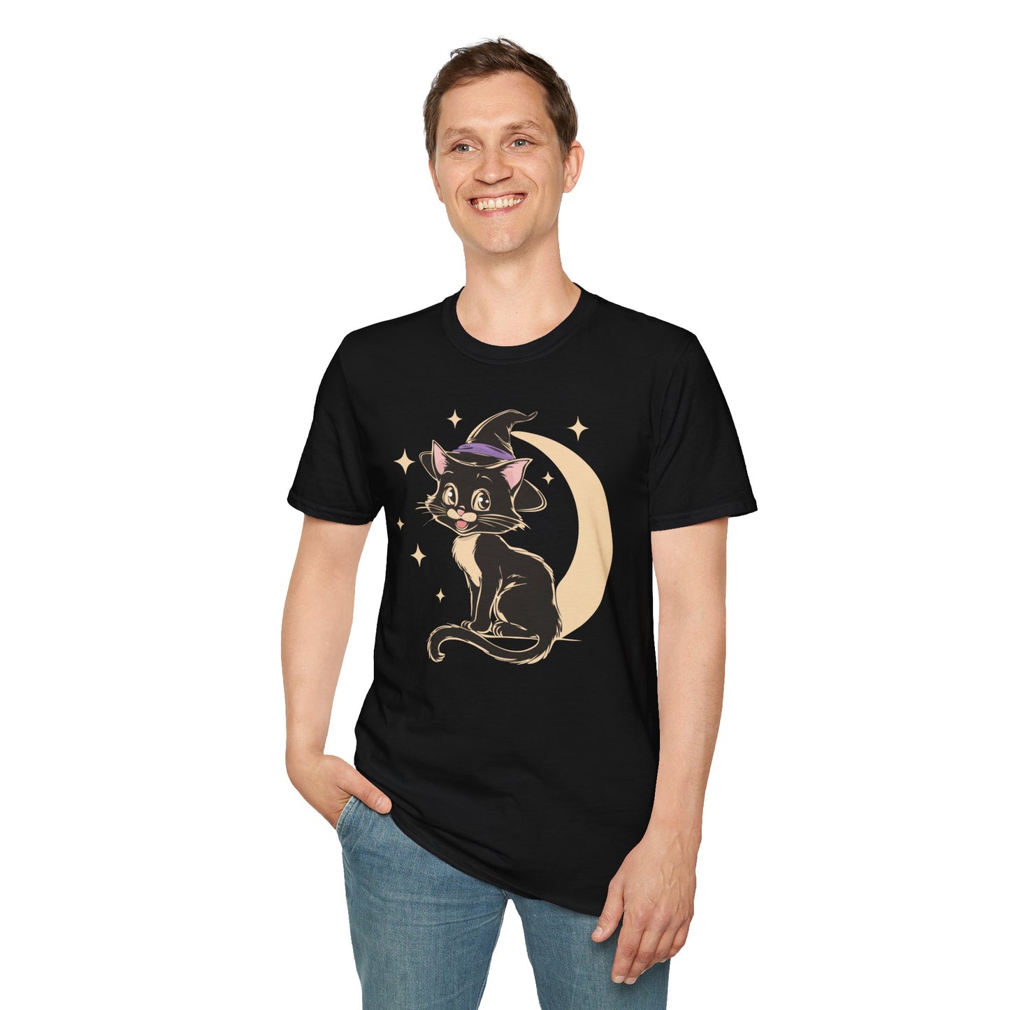 Witchy Kitty Softstyle T-Shirt - Halloween Graphic Tee with Black Cat and Witch Hat with Crescent Moon Print