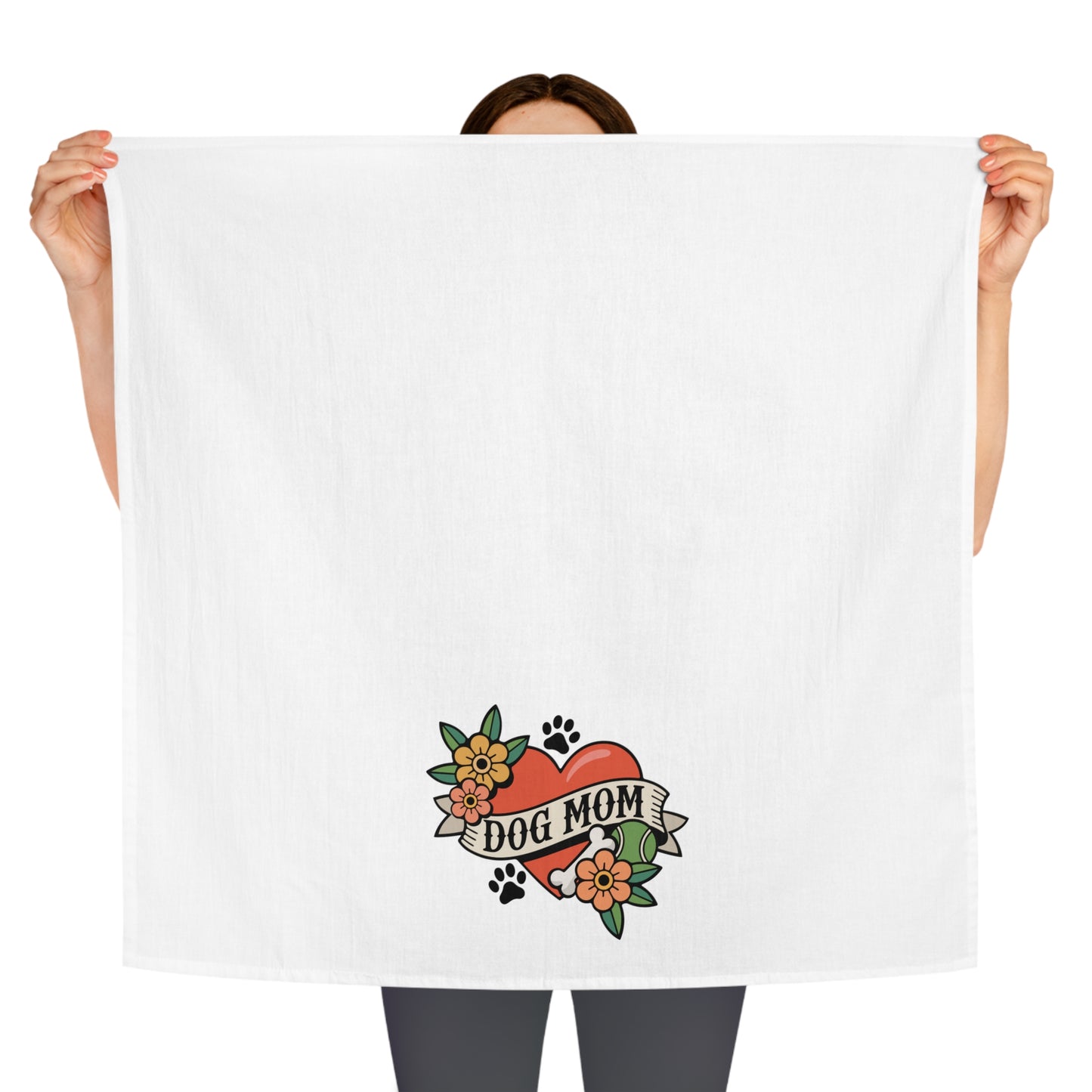 Dog Mom Heart Tattoo Tea Towel | Dogs Paw Prints, Floral Kitchen Hand Towels, Childless Dog Lady Vintage Tattoos Artwork