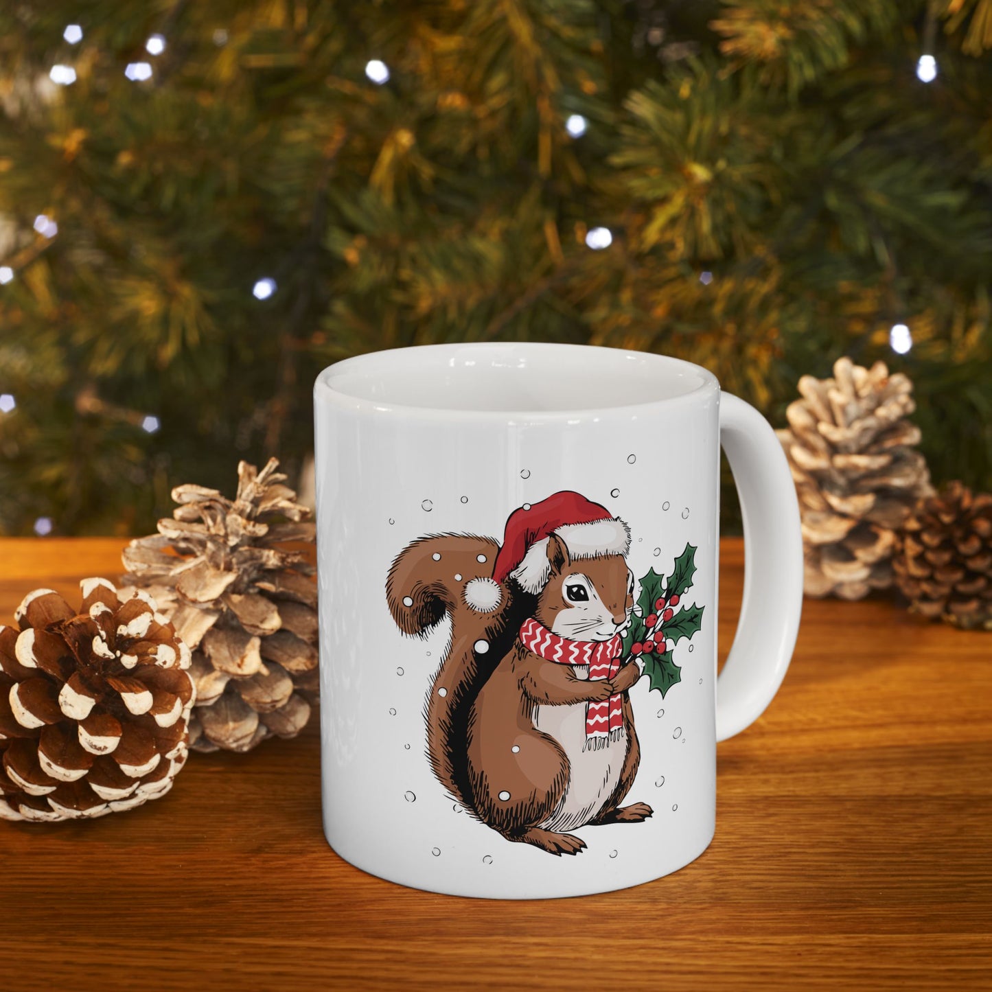 Christmas Squirrel Ceramic Mug, Festive Holiday Xmas Santa Squirrels Coffee Mug, Cute Snowy Winter Animal Tea Hot Chocolate Mug