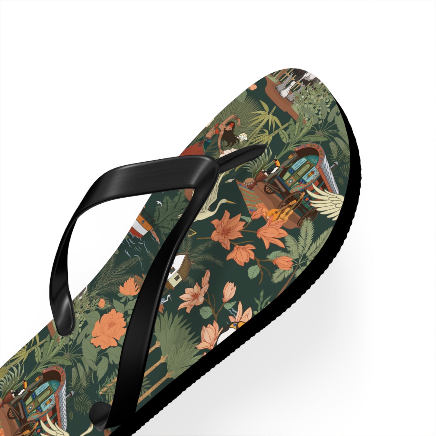 Tropical Nomad Floral Island Flip Flops | Vintage Travel Birds Pattern Sandals