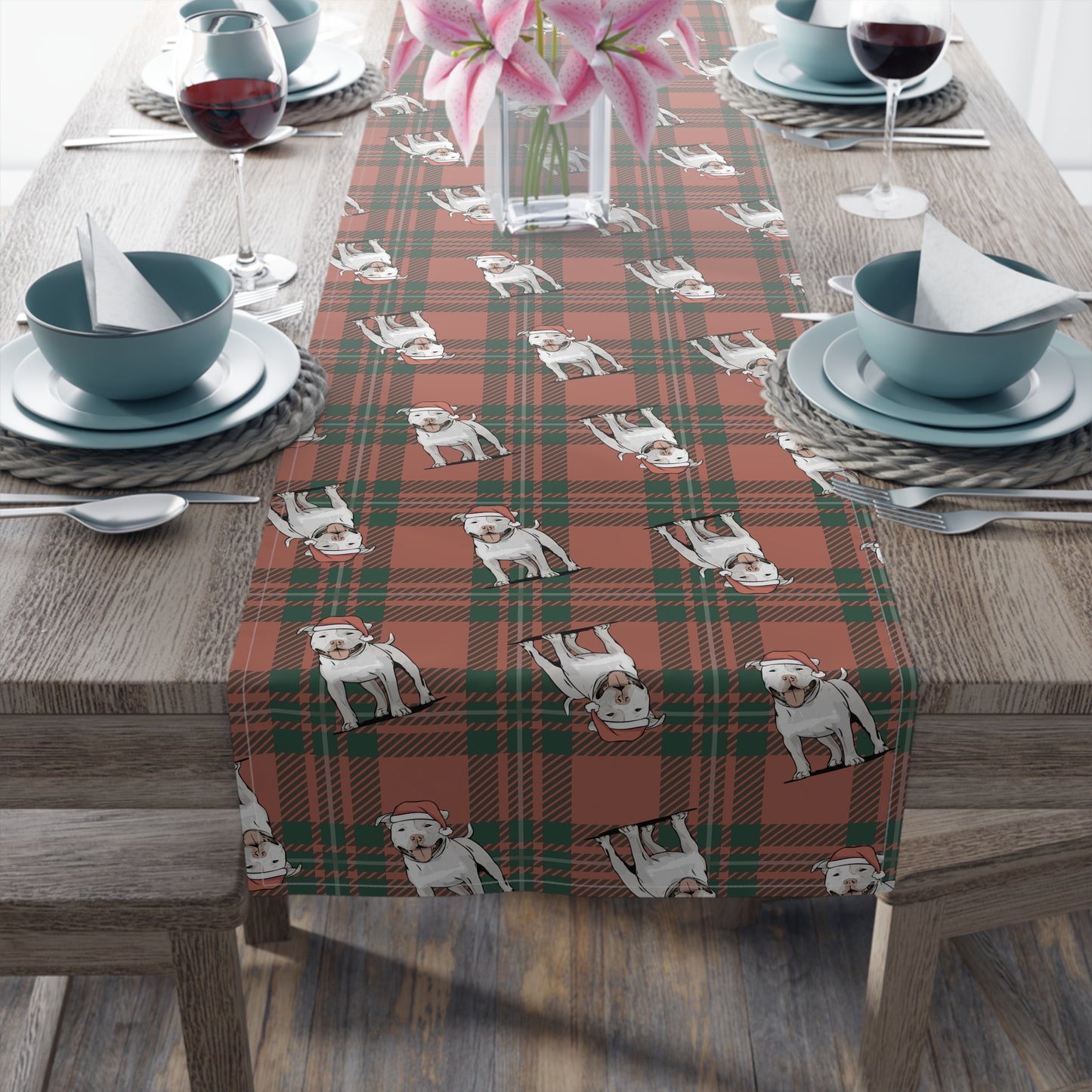 Festive American Pit Bull Terrier Dog Holiday Table Runner, Christmas Home Decor, Dining Tablecloth Linens, Plaid Table Setting Runners