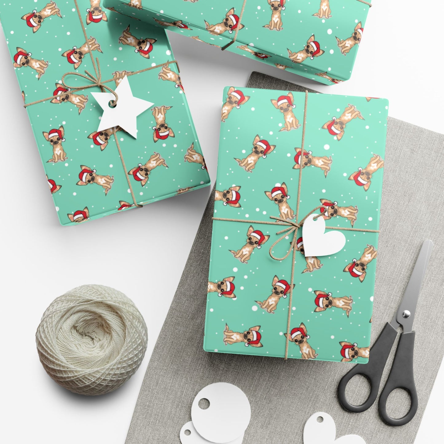 Chihuahua Dog Christmas Wrapping Paper, Puppy Dogs Print, Cheery Mint Green Holiday Gift Wrap With Snowy Xmas Puppies In Santa Hat