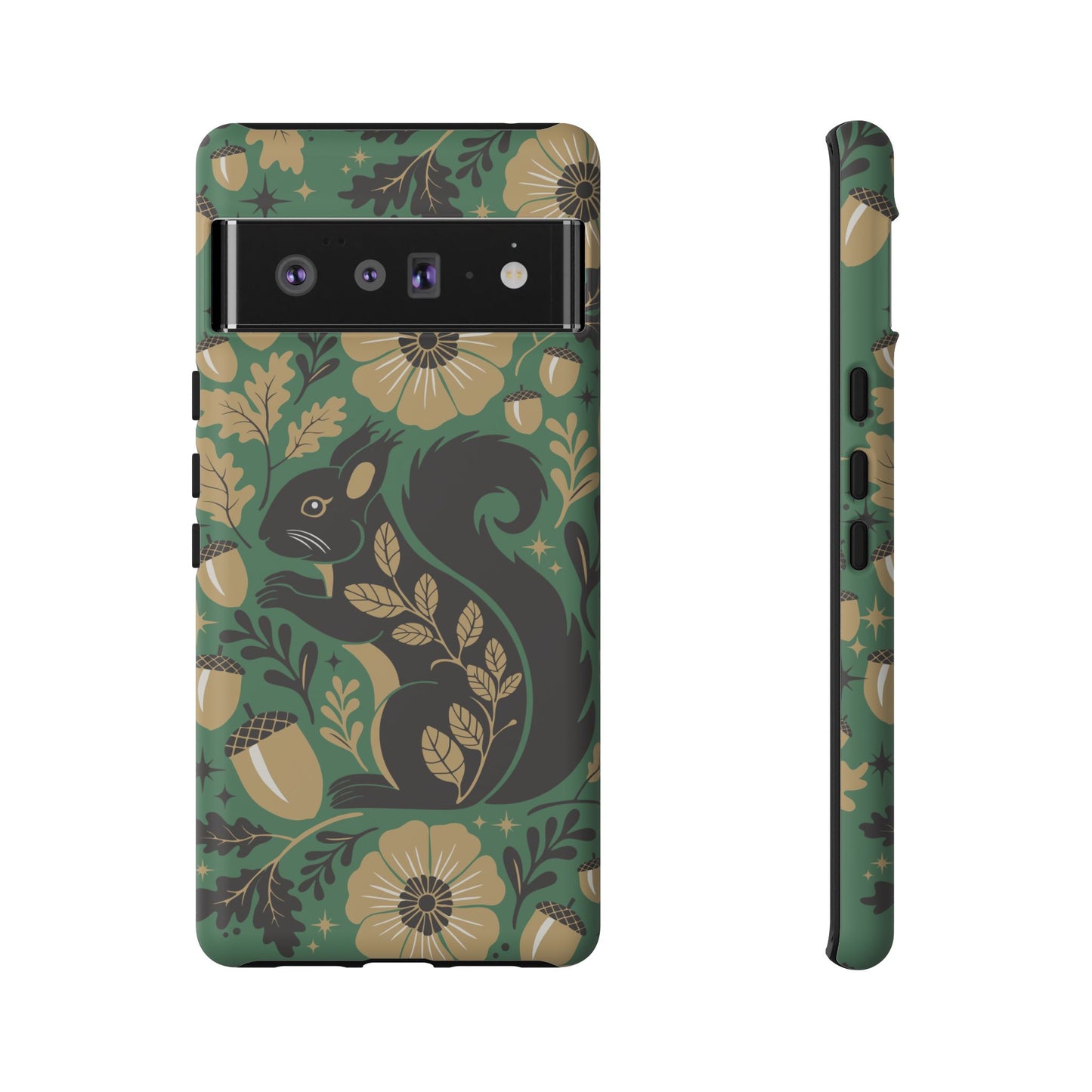 Green Squirrel Floral Pattern Cell Phone Case | Botanical Folk Art Acorn Leaves Design, Iphone Google Pixel Samsung Cases Matte Finish