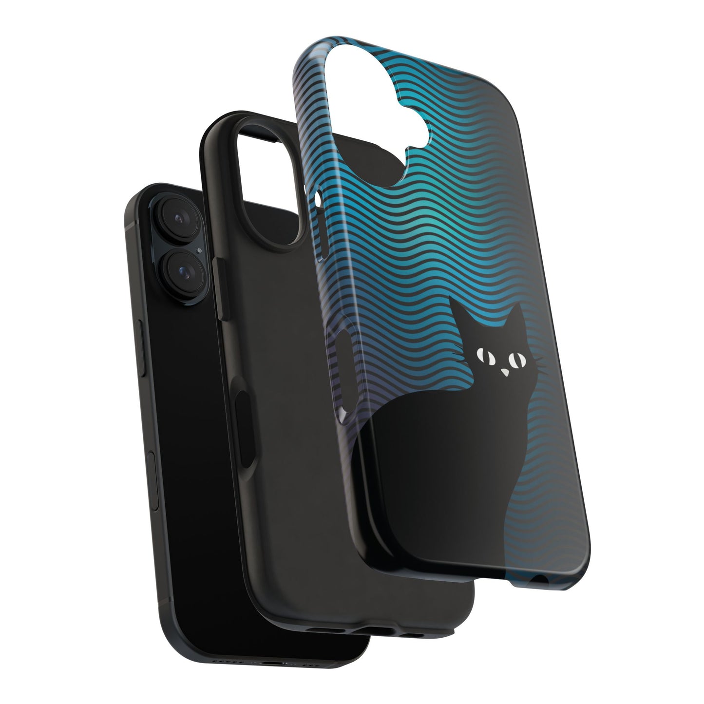 Black Cat Cell Phone Case | Peeking Kitty Graphic on Wavy Teal Background