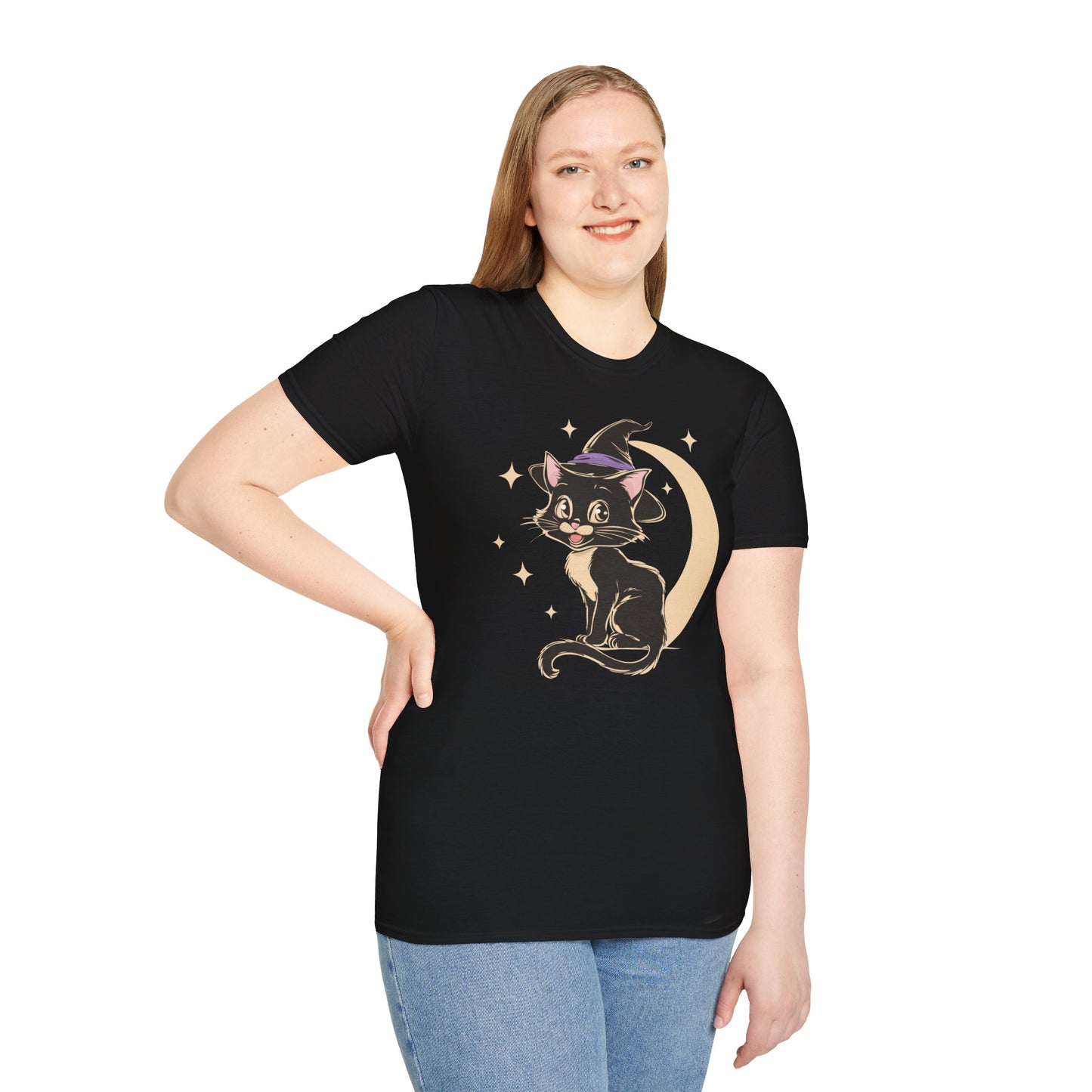 Witchy Kitty Softstyle T-Shirt - Halloween Graphic Tee with Black Cat and Witch Hat with Crescent Moon Print