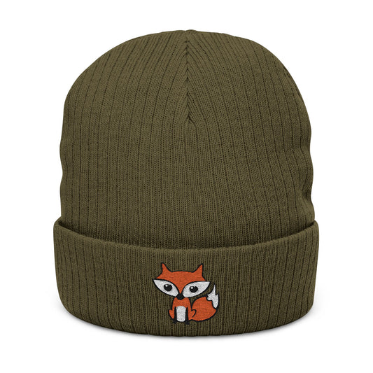 Embroidered Fox Ribbed Beanie | Knit Cuffed Hat Embroidery, Winter Headwear Accessories Foxes Beanies