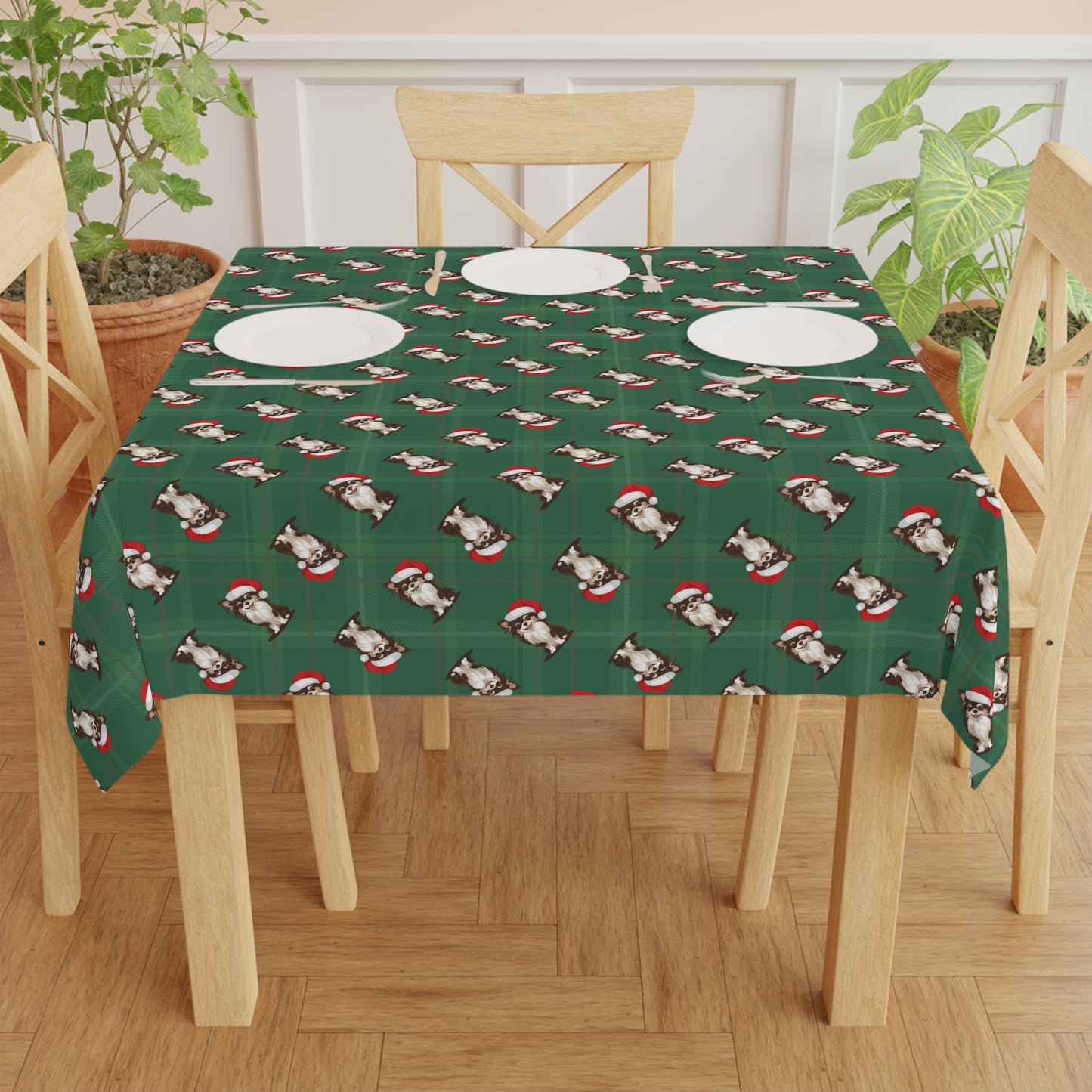 Christmas Long Haired Chihuahua Dog Tablecloth, Plaid Holiday Santa Dog Table Cloth, Festive Home Decor, Winter Party Dining Setting
