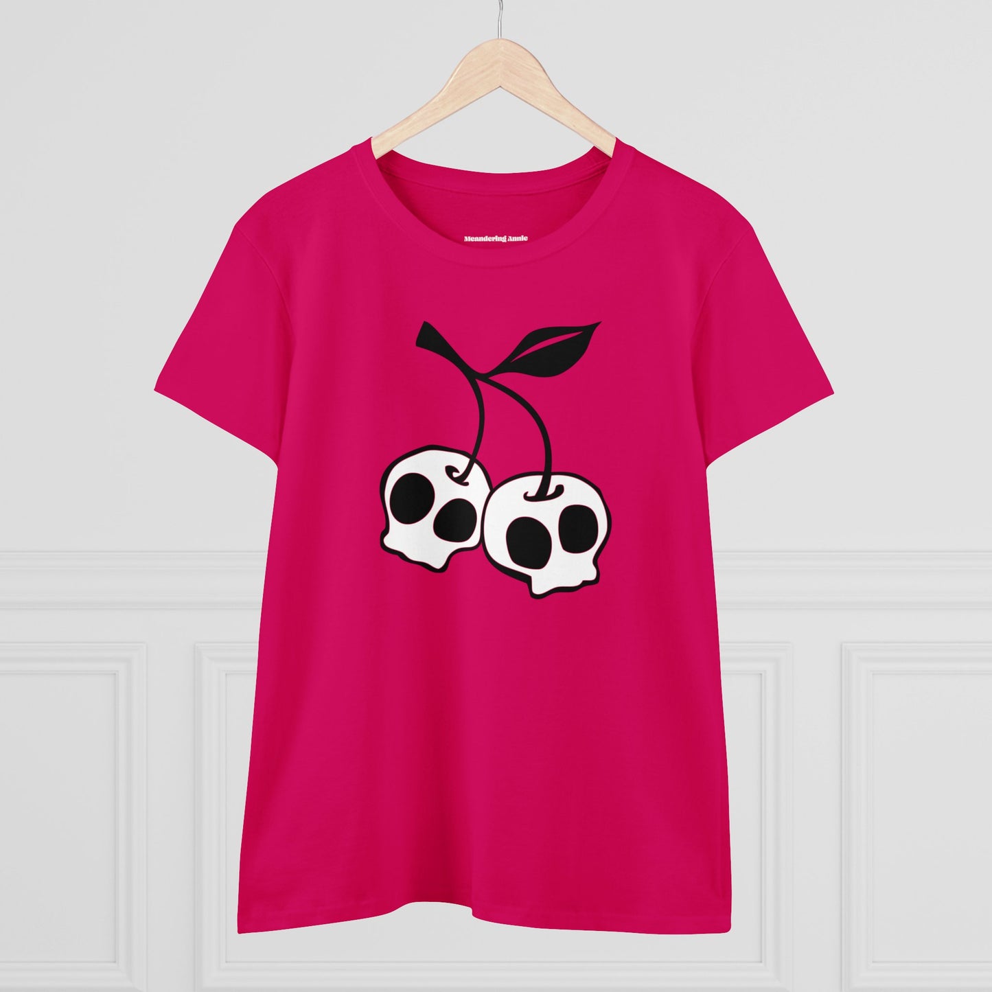 Cherry Skull Ladies Fitted T-shirt Women's Midweight Cotton Tee with Skull Cherries Print