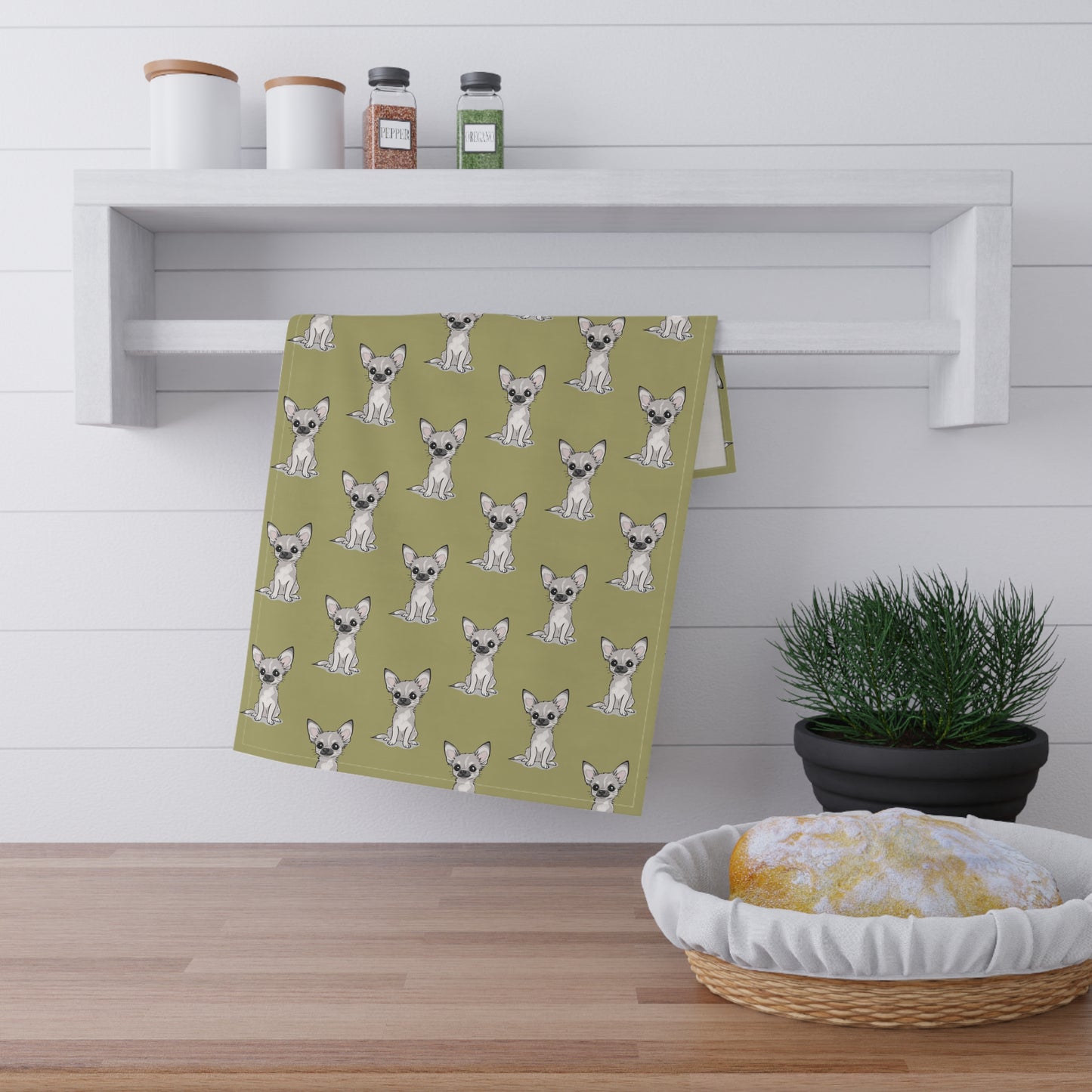 Green Chihuahua Puppy Tea Towel, Cute Kitchen Hand Towels Decor, Dog Lover Gift, Pet Owners Gifts