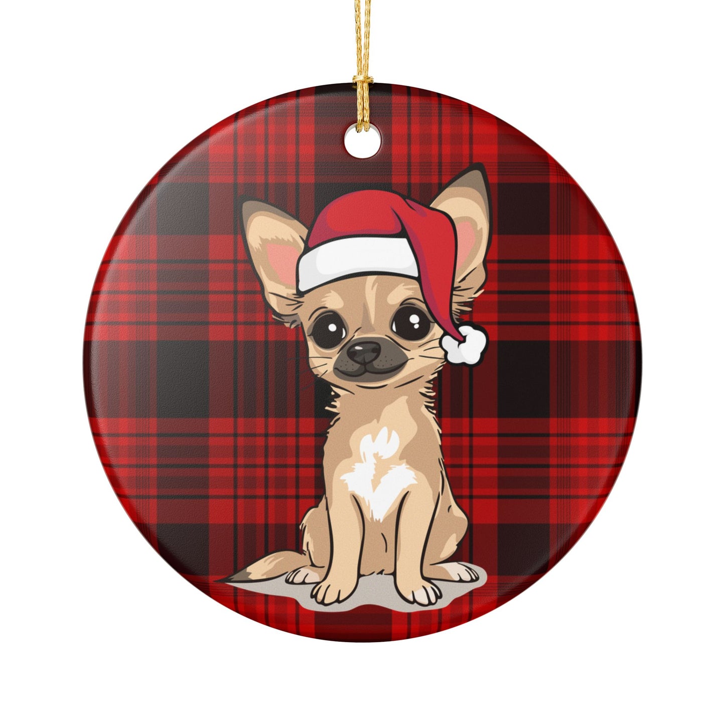 Santa Chihuahua Dog Christmas Tree Ornament, Xmas Dogs Holiday Decorations, Pet Lover Gift, Red Plaid Ceramic Ornaments