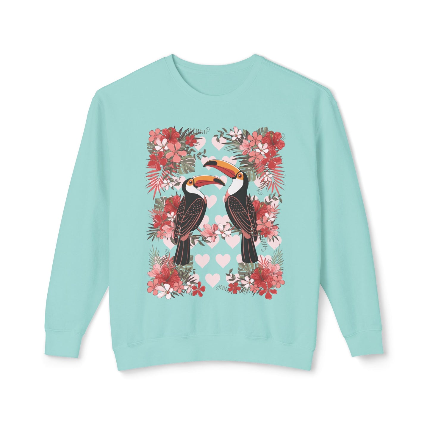 Toucan Tropical Love Birds Floral Crewneck Sweatshirt, Cute Sweatshirt Summer Vibes, Jungle Flowers Toucans Sweatshirt