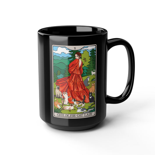Black Mug - Childless Cat Lady Tarot Card Ceramic Coffee Cup, 15oz - Cat Lover Gift, Woman with Cats Mugs, Tarot Card Reader Gifts