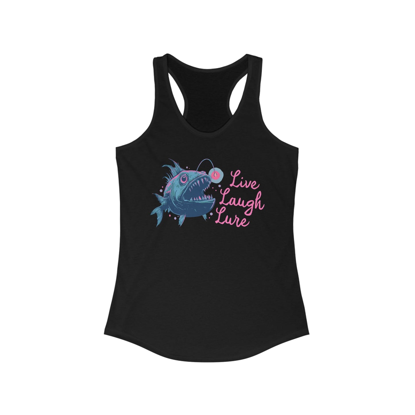 Live Laugh Lure Deep Sea Anglerfish Womens Racerback Tank Top, Angler Fish Lure Glow Graphic Sleeveless Shirt Ocean Aquatic Creatures