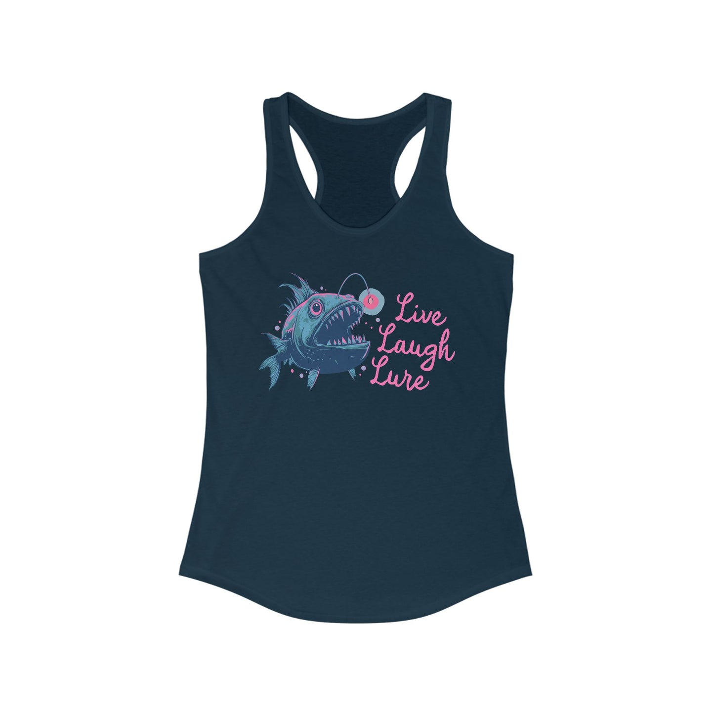 Live Laugh Lure Deep Sea Anglerfish Womens Racerback Tank Top, Angler Fish Lure Glow Graphic Sleeveless Shirt Ocean Aquatic Creatures