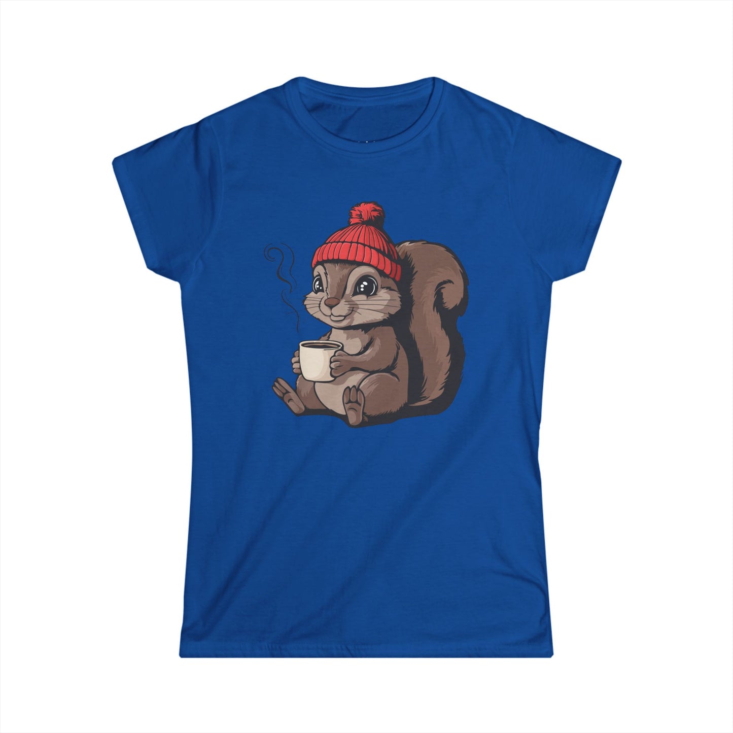 Cozy Squirrel Women's Soft T-shirt Softstyle Tee with Squirrel in Beanie with Cup Of Coffee Graphic Print