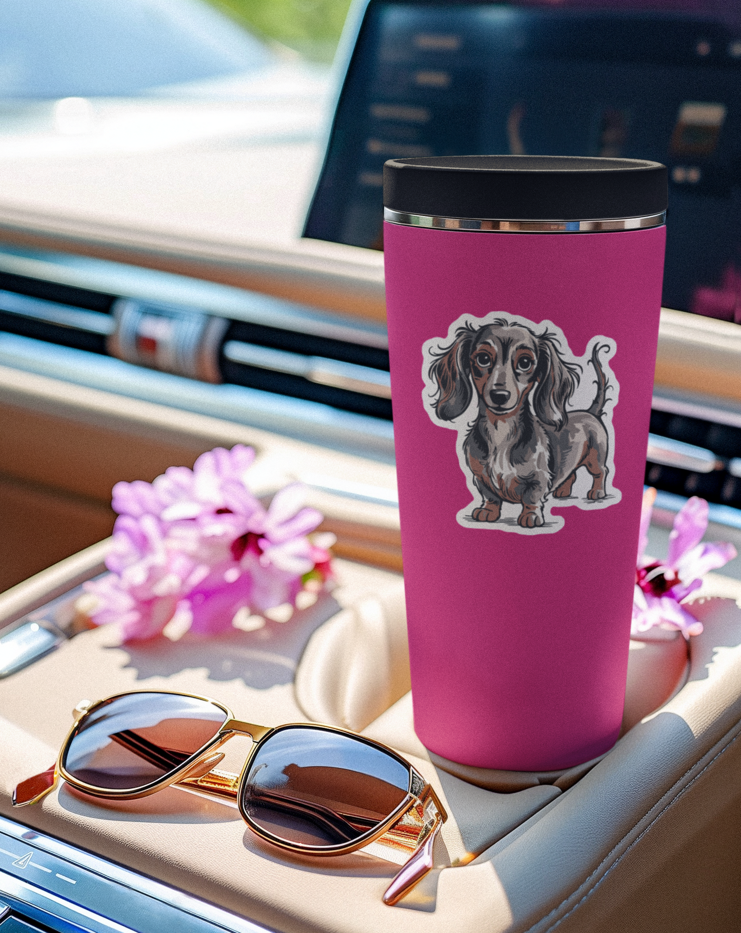 4" Long Haired Dachshund Dog Sticker - Gray & Brown Wiener Dogs Dachshunds Waterproof Vinyl Decal Stickers Long Coat Puppy