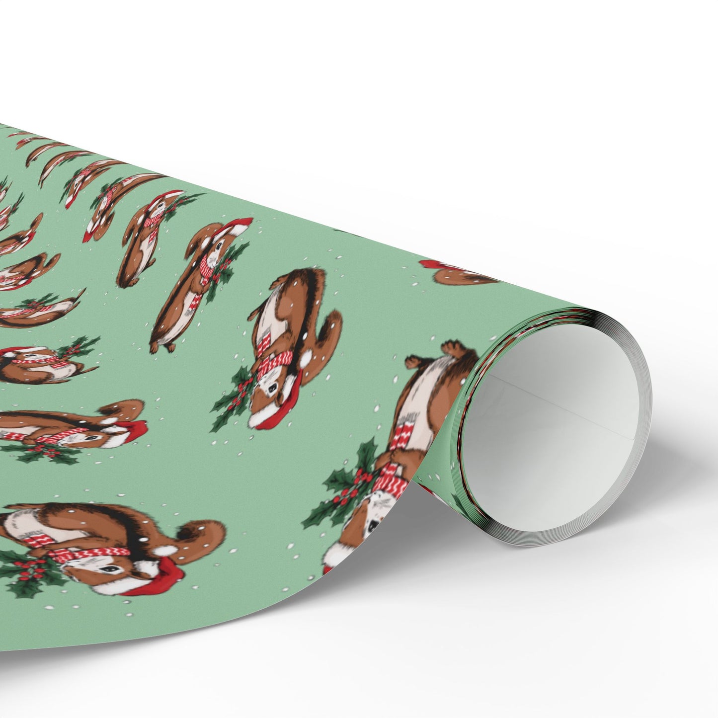 Squirrel Christmas Wrapping Paper, Festive Squirrels Print, Cheery Sage Green Holiday Gift Wrap With Snowy Xmas Squirrel In Santa Hat