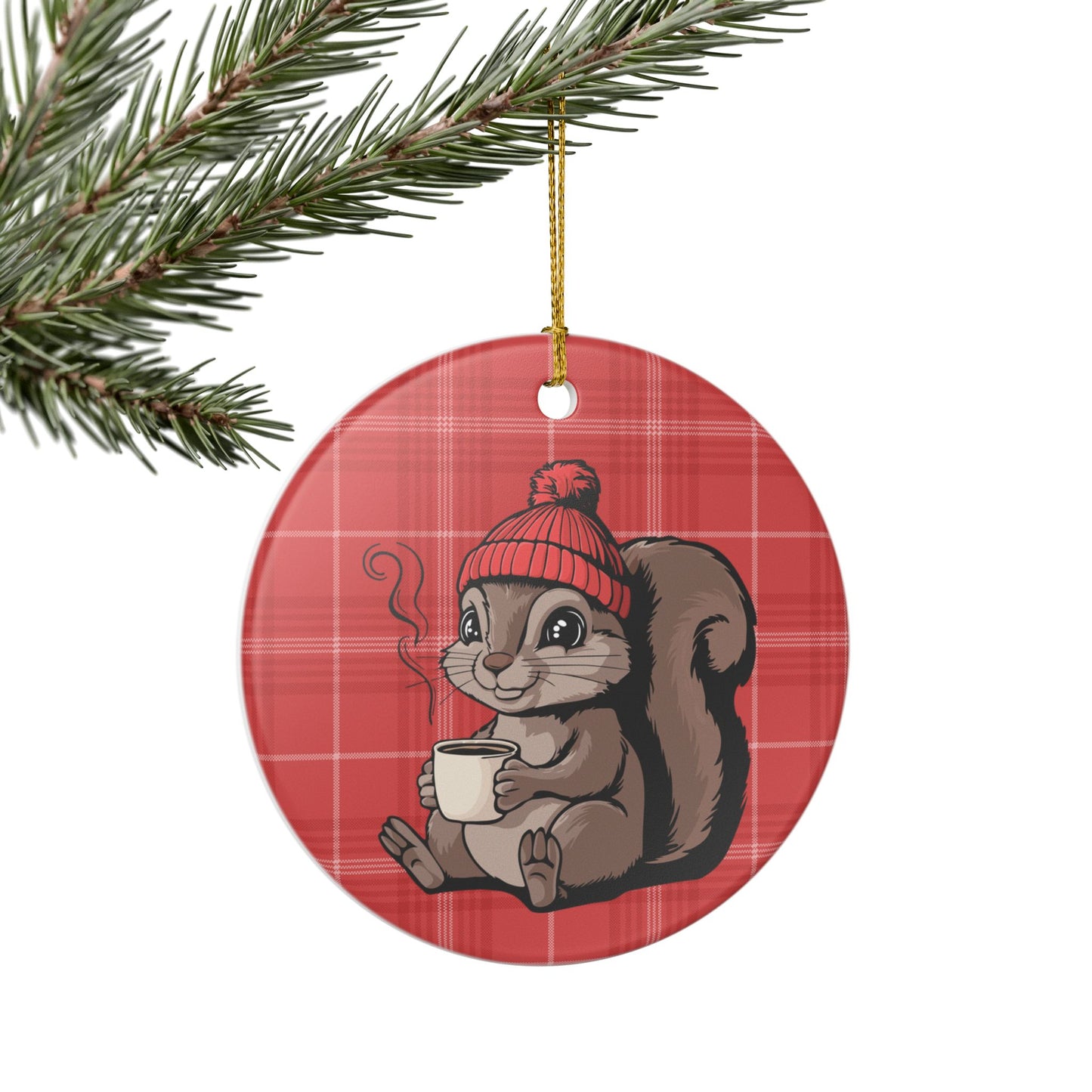 Cozy Squirrel Christmas Tree Ornament, Xmas Squirrels Holiday Decorations, Red Plaid Ceramic Ornaments, Woodland Animals Theme Decor