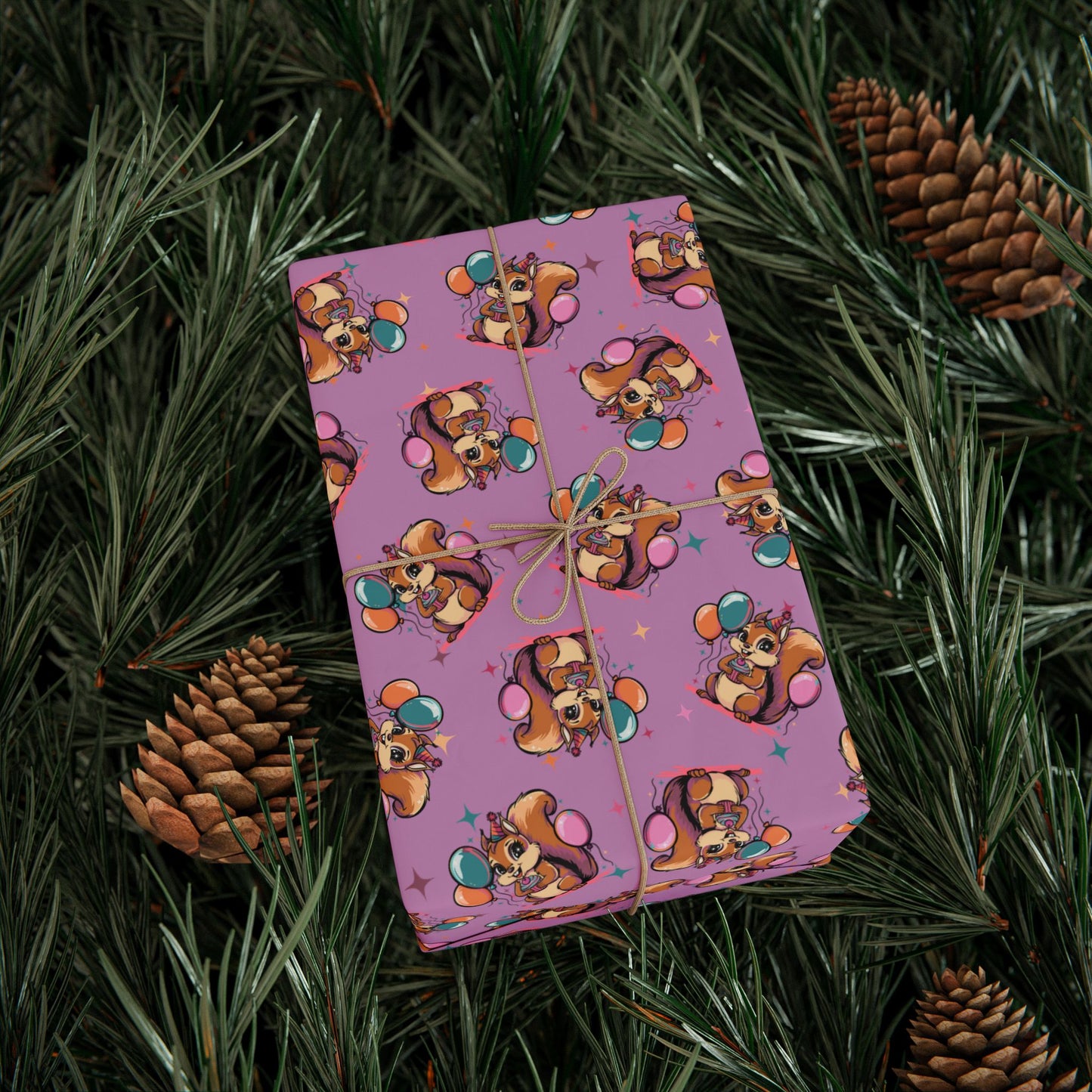 Happy Birthday Party Squirrel Gift Wrap, Cute Purple Squirrels Balloons Cupcake Wrapping Paper Celebration Squirrels B-day Gift