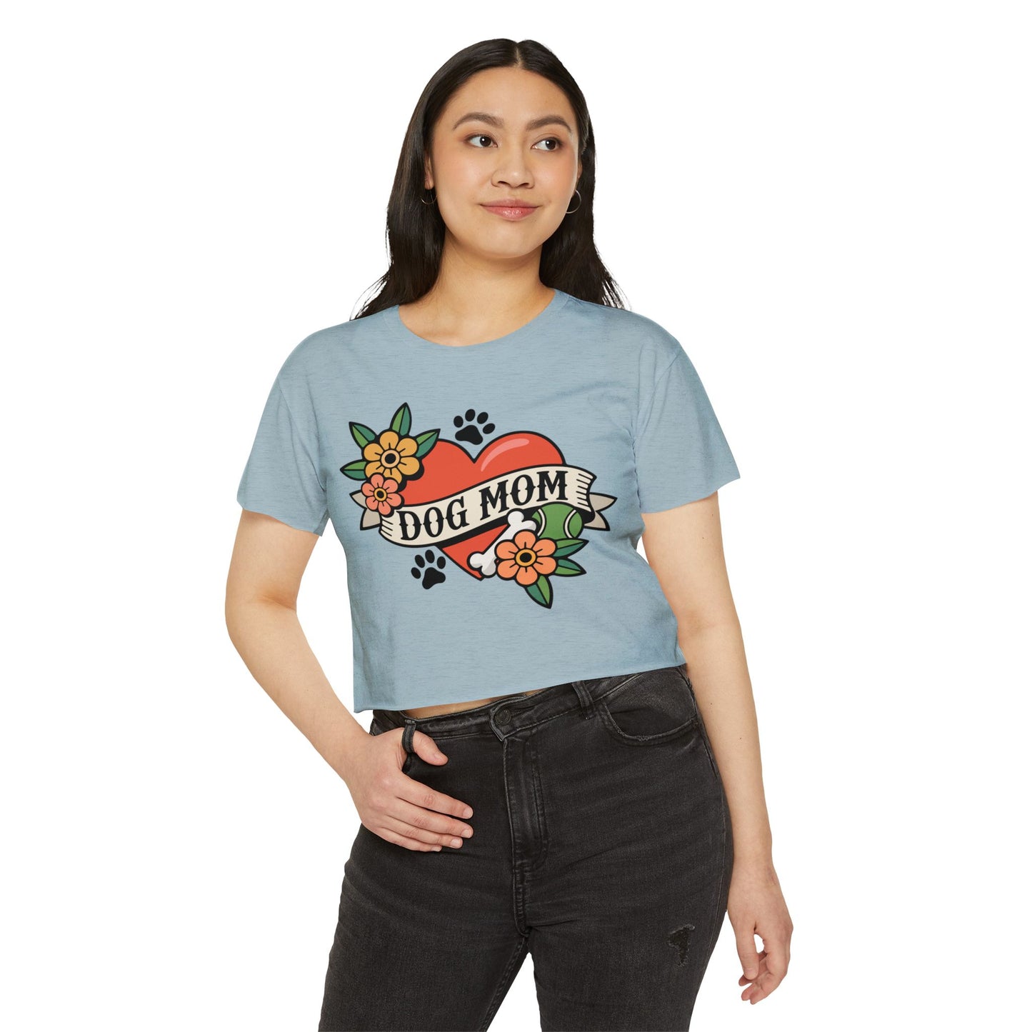 Dog Mom Heart Tattoo Crop Top | Retro Artwork Cropped T-shirt Floral Dogs Paw Print Design, Childless Dog Lady Pet Owner Tattoos Tee
