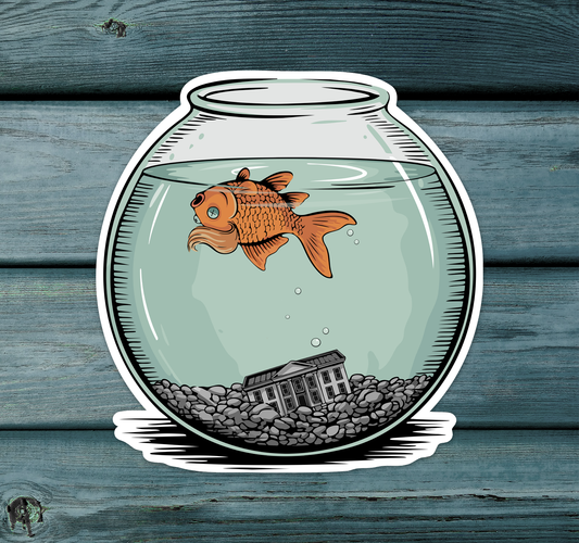 Dead Goldfish In A Fishbowl Sticker - 3.5" Vinyl Decal Stickers Waterproof Outdoor Car, Anti-Trump Leftist Political Humor Shirts, Fish Floating Bowl