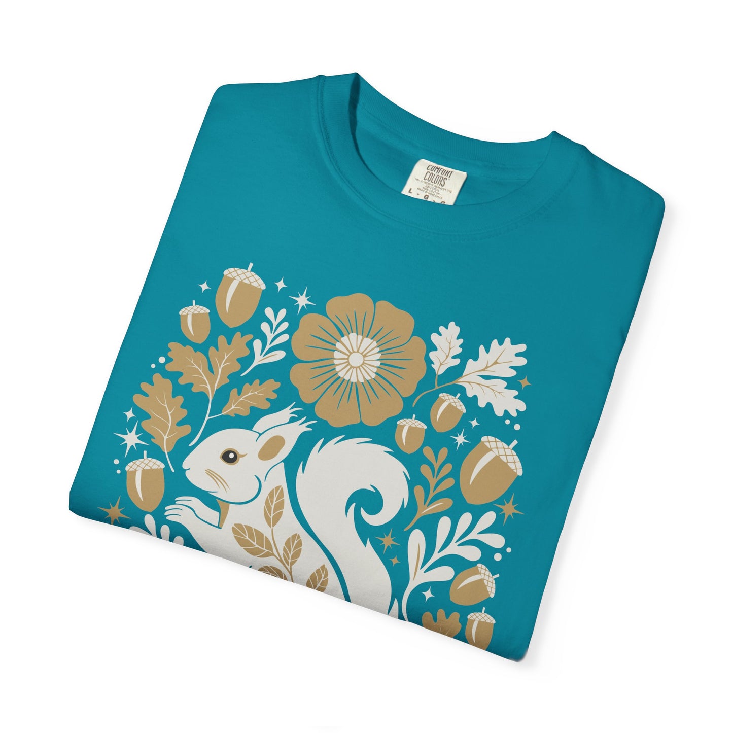 Woodland Squirrel Illustration T-shirt | Floral Acorn Oak Leaf Nature Design Squirrels Tee, 100% Cotton Short Sleeve Shirts