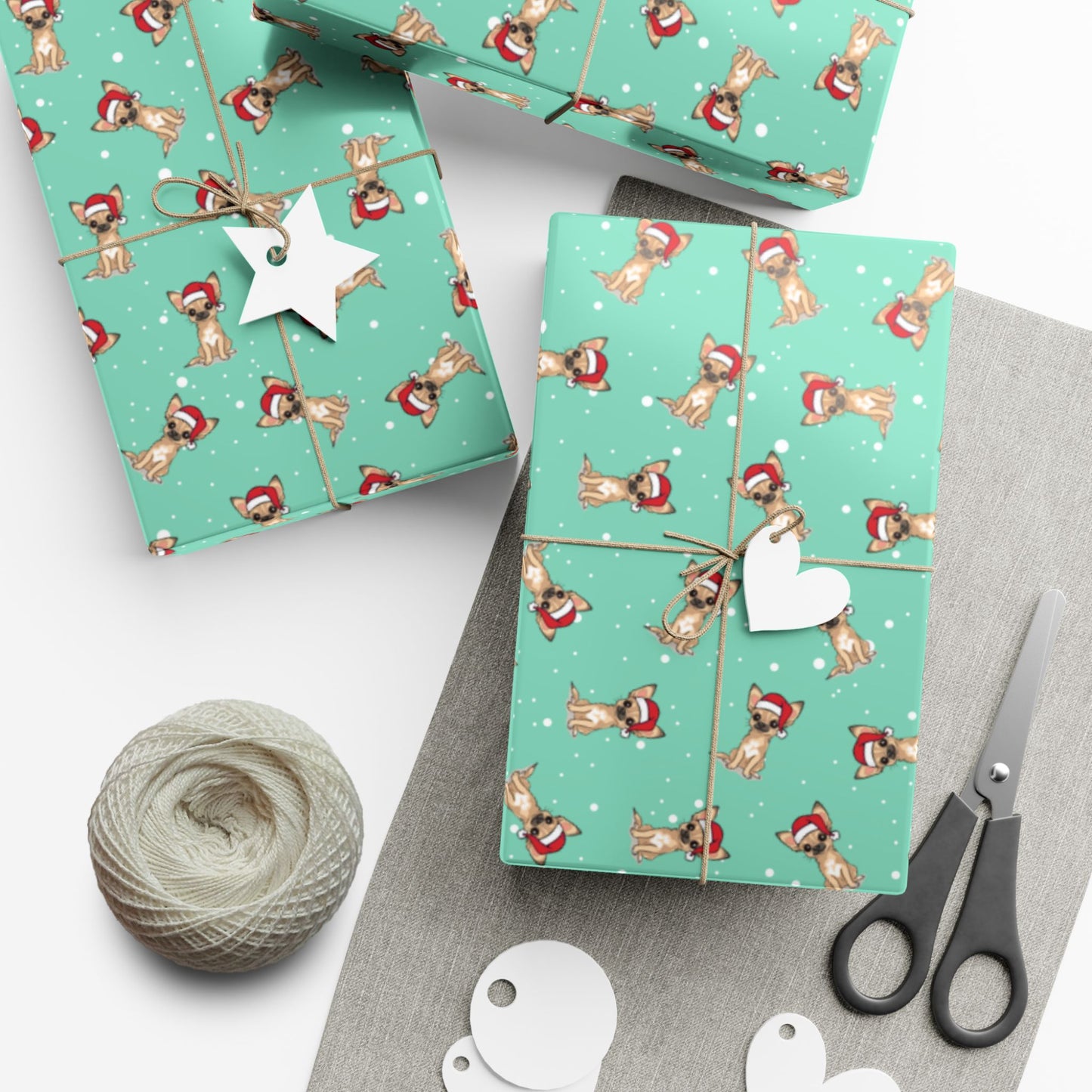Chihuahua Dog Christmas Wrapping Paper, Puppy Dogs Print, Cheery Mint Green Holiday Gift Wrap With Snowy Xmas Puppies In Santa Hat
